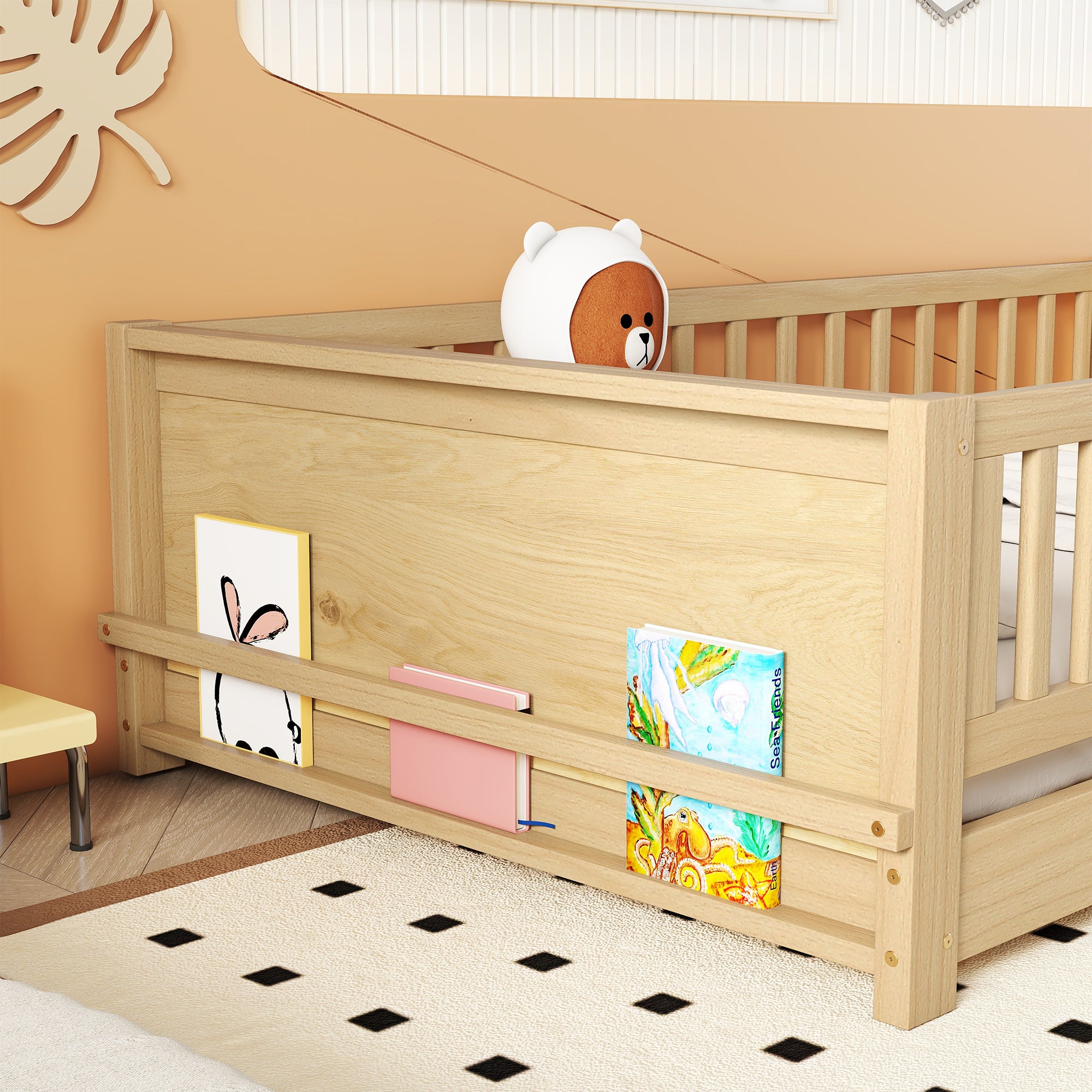 Natural Finish Twin Size Toddler Floor Platform Bed with Built-in Book Storage Rack and Door