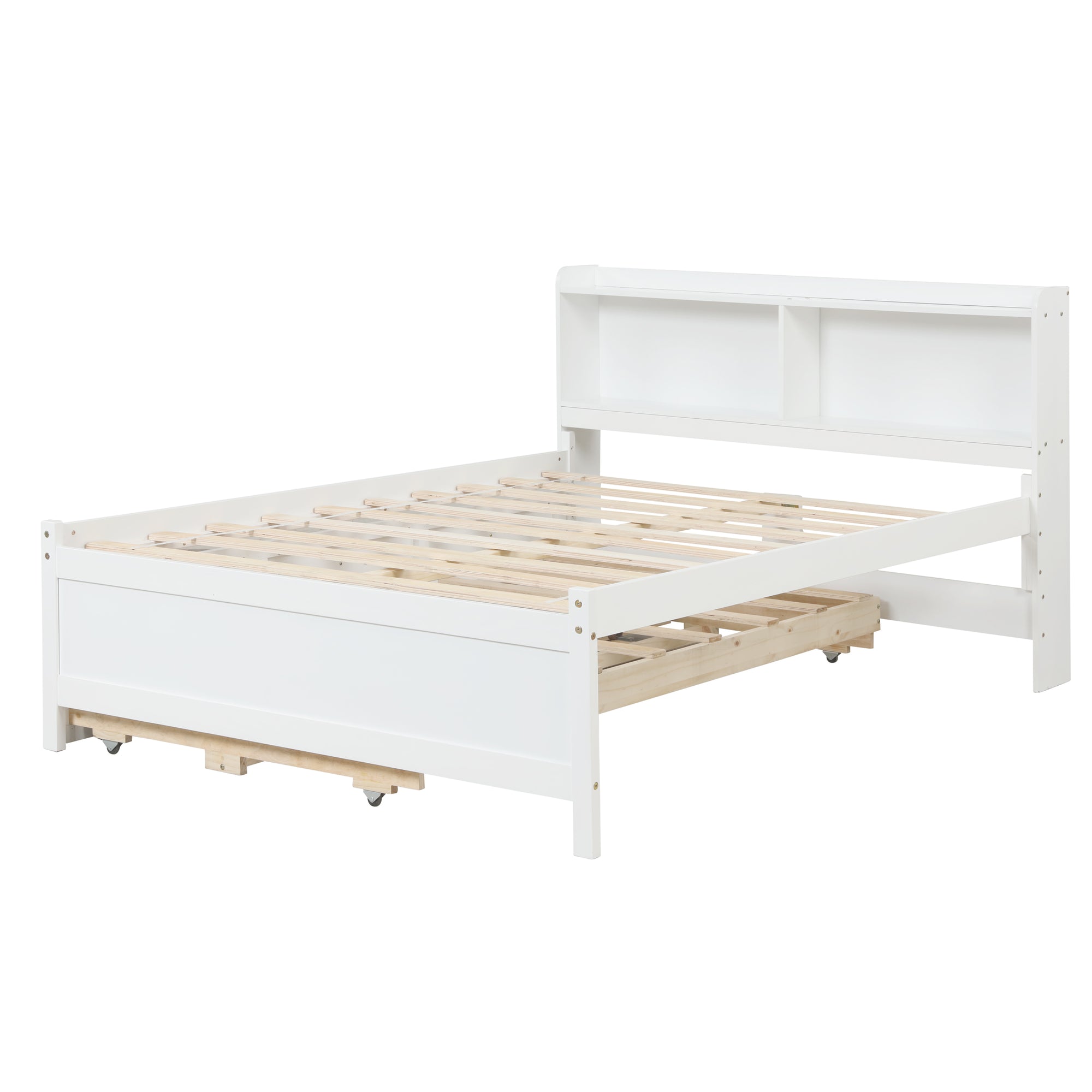 White Full Bed with Bookcase, Twin Trundle, and Drawers