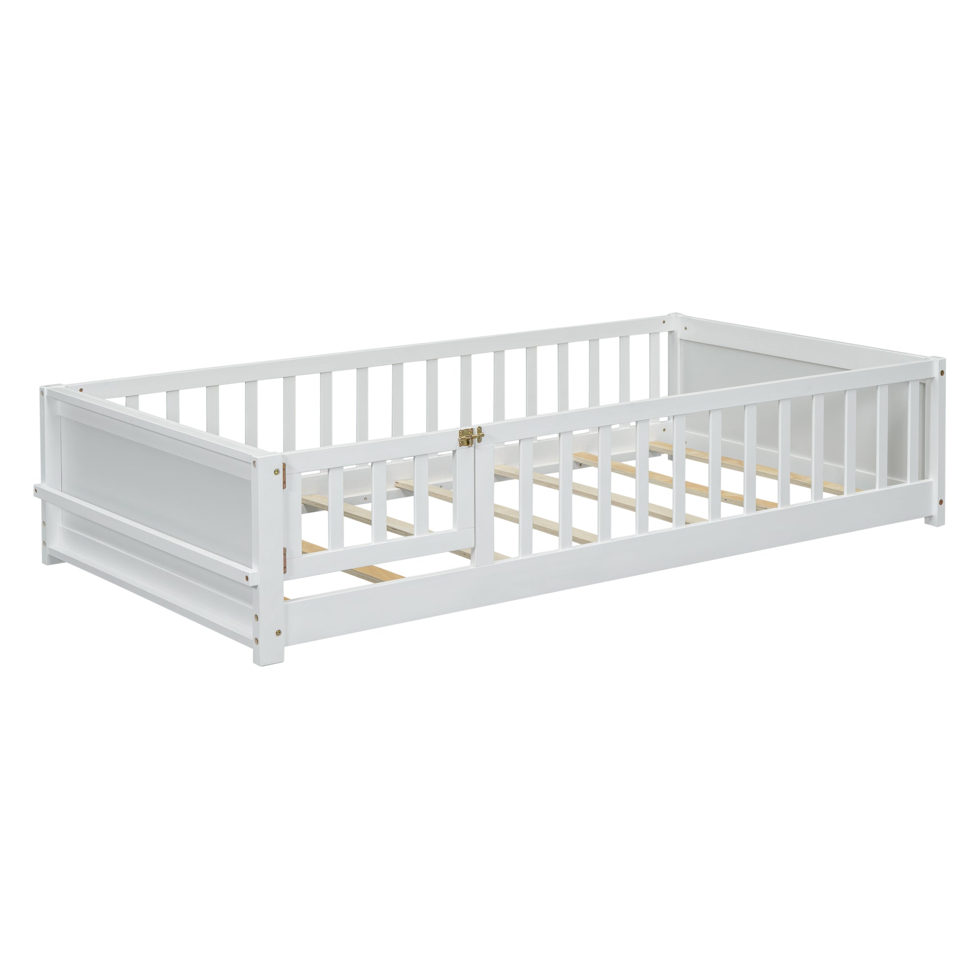 White Twin Toddler Floor Platform Bed with Built-in Book Storage Rack and Door