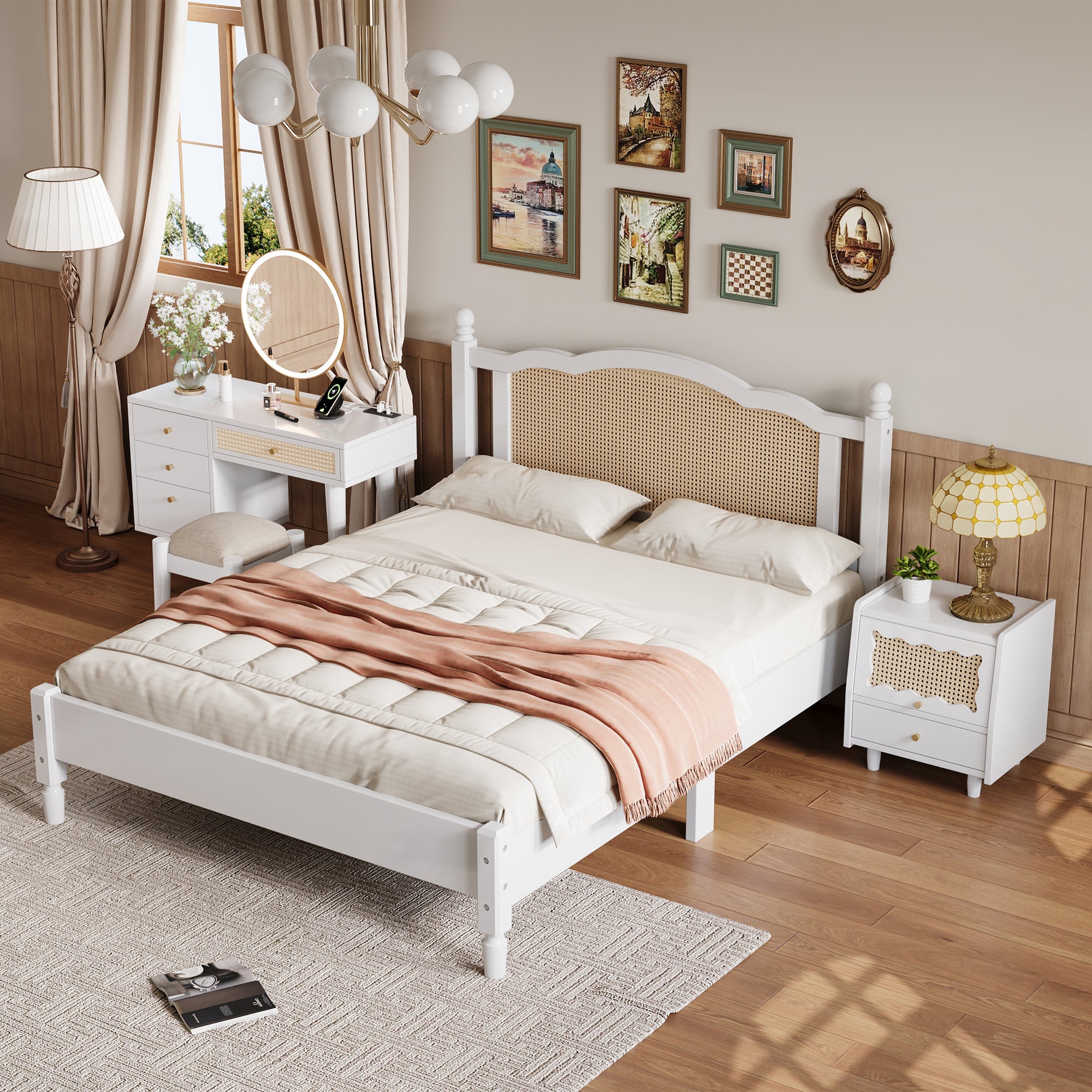 3 Pieces Bedroom Set with Queen Size Wooden Bed Frame and Makeup Vanity with Stool In White