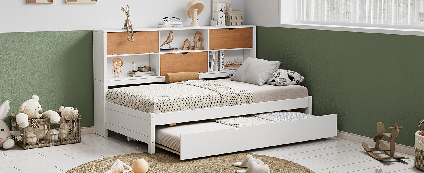 White & Walnut Twin Modern Daybed with Storage Cabinets and Trundle