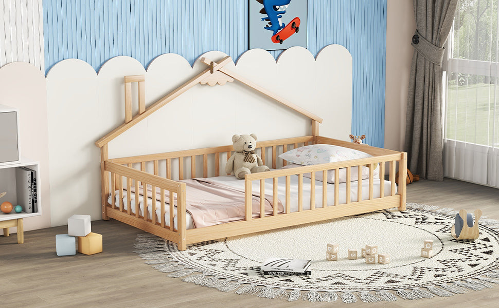 Twin House-Shaped Toddler Floor Bed with Guardrails and Fence in Natural Tones