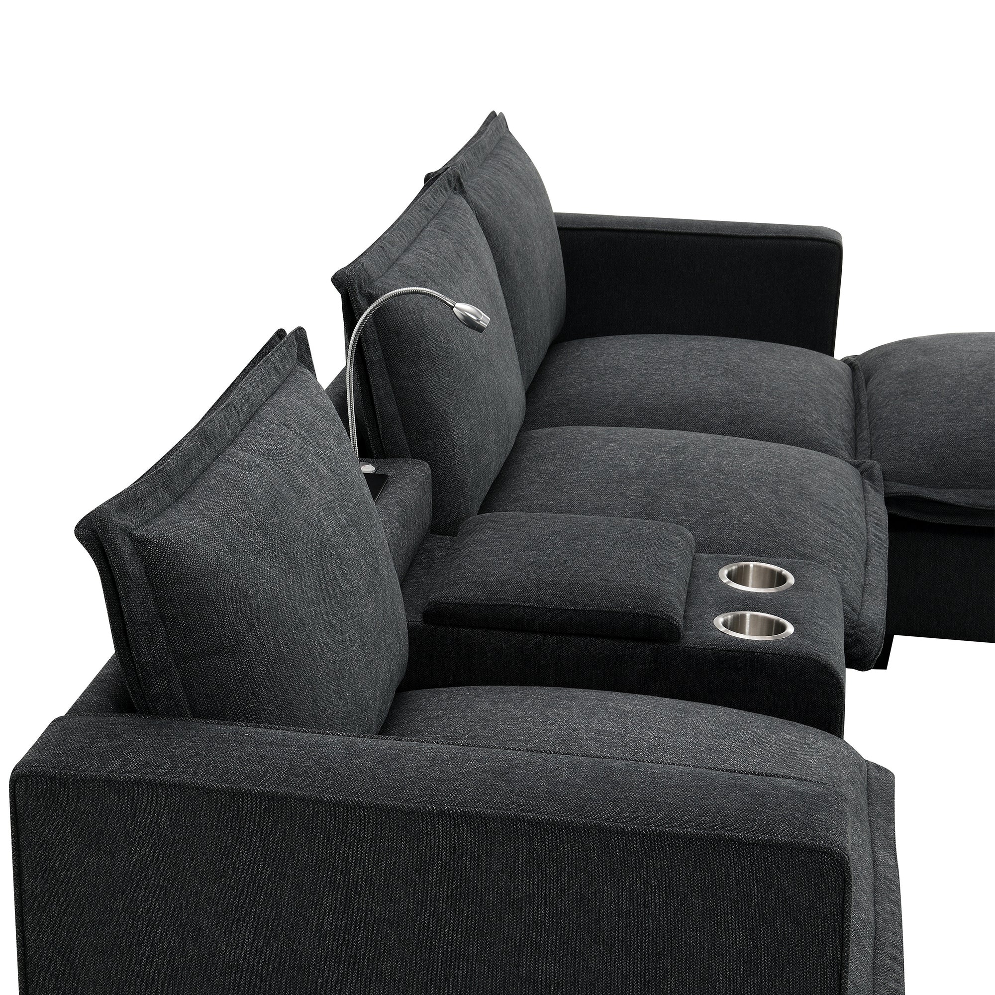 4-Seater Modular Chenille Sofa with Reading Lights & Storage in Dark Gray