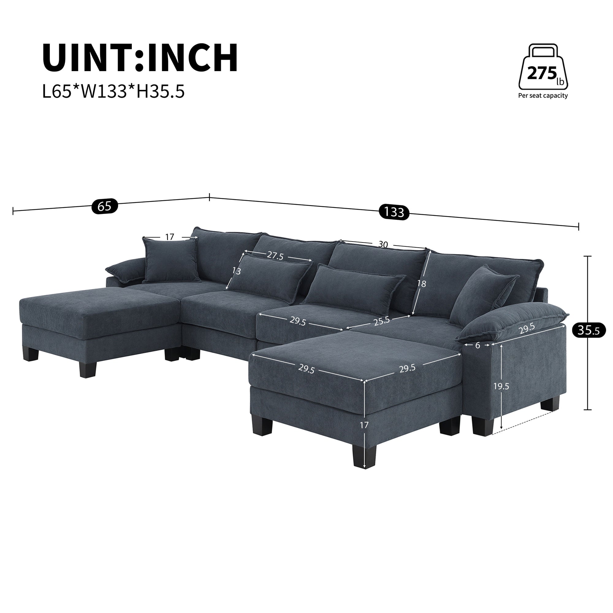 Oslo Modular U-Shaped Corduroy Sofa in Gray