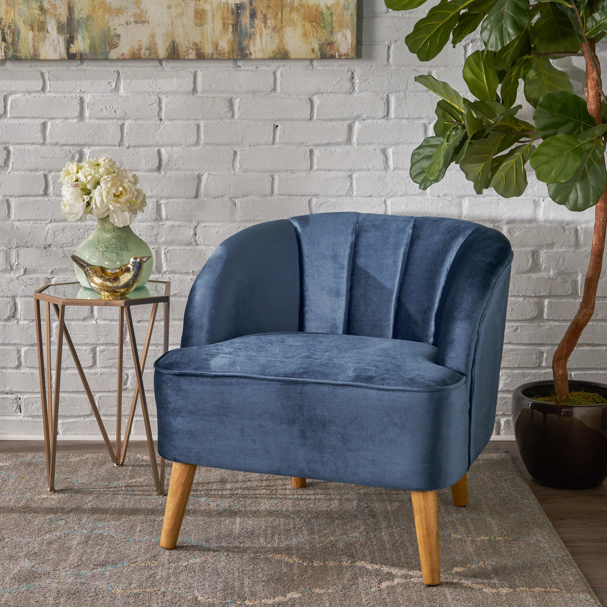 Antique Navy Blue Velvet Mid-Century Club Chair