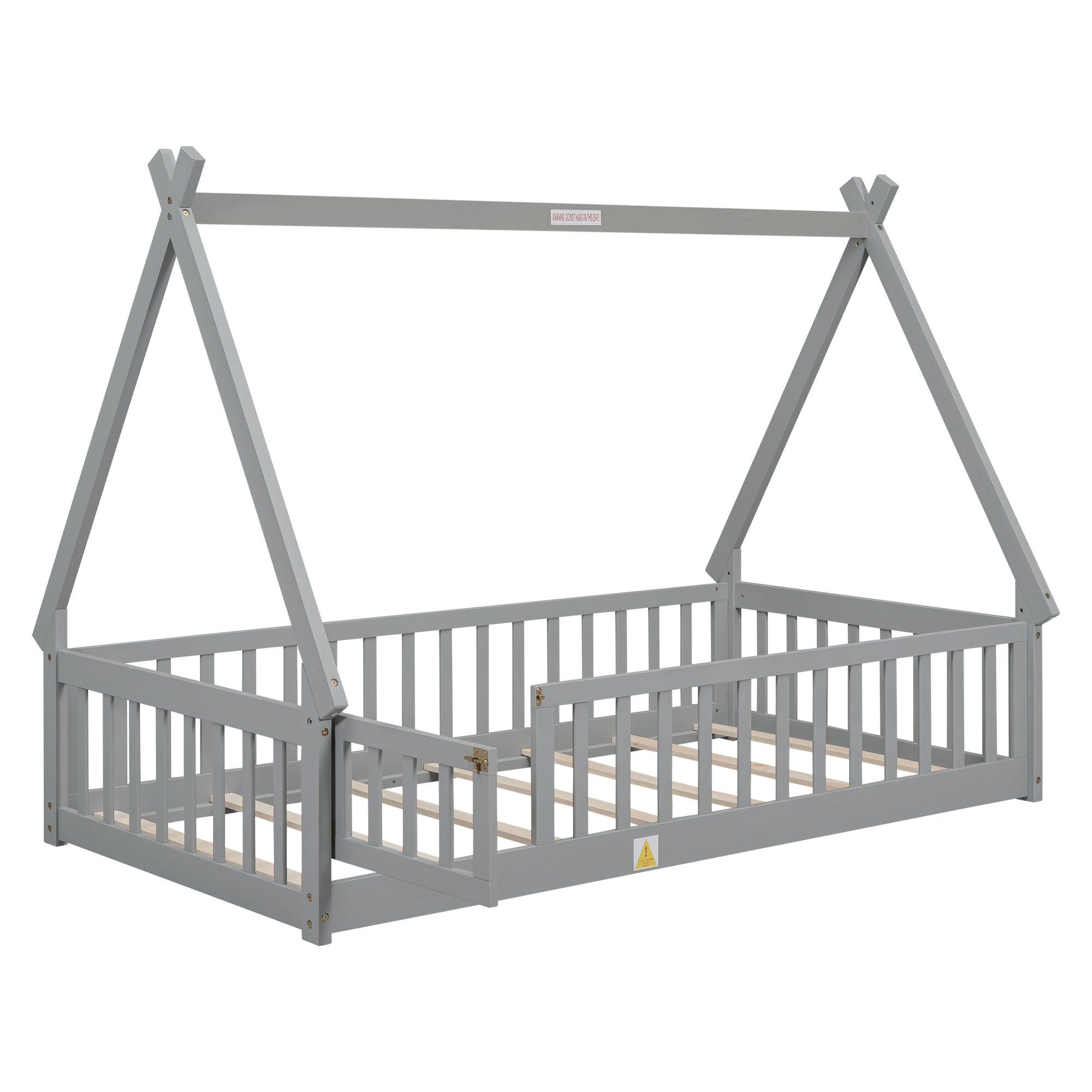 Gray Twin Tent-Shaped Toddler Floor Bed with Guardrails, Slats, and Door