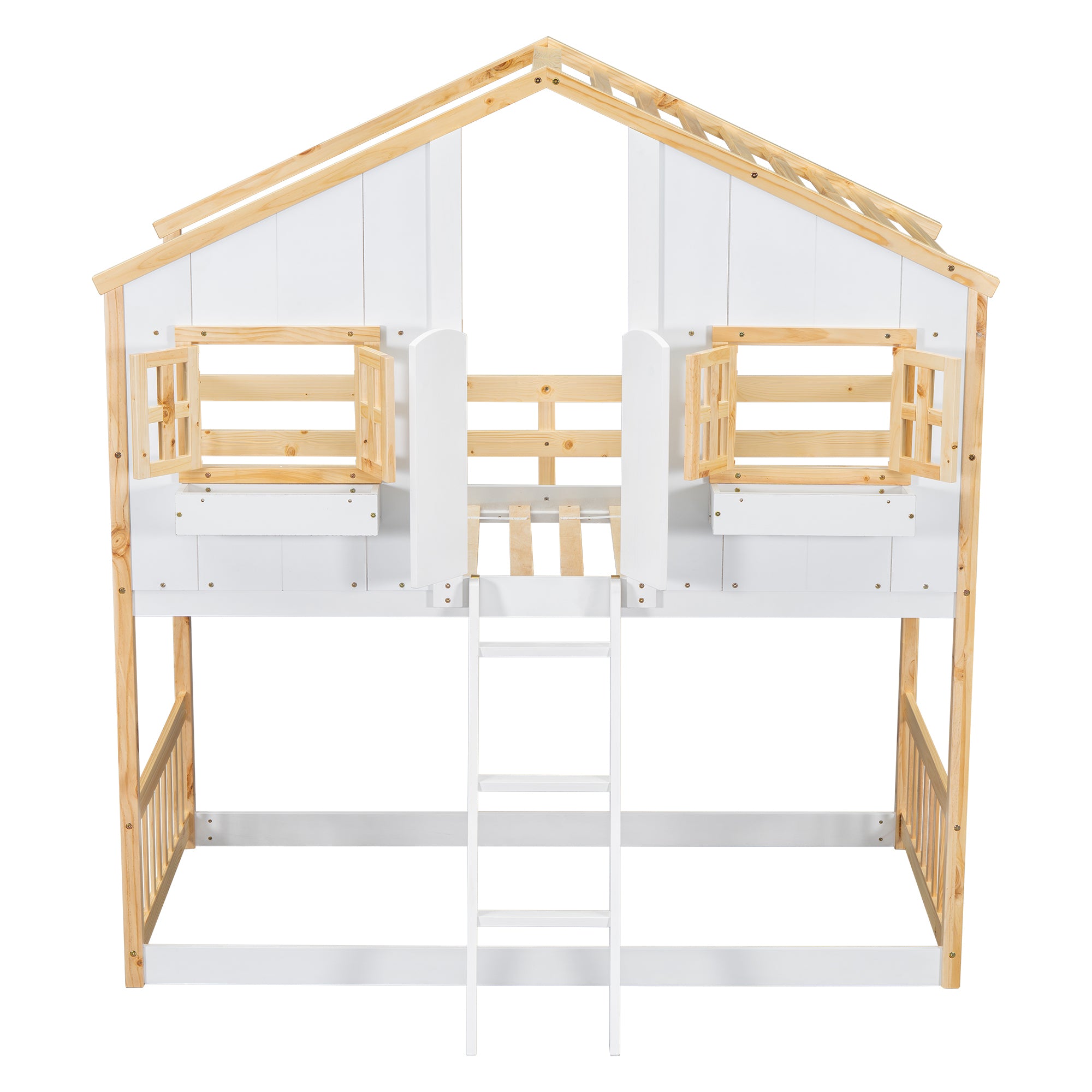 Twin Over Twin House Bunk Bed with Roof, Window, and Door in Natural and White Tones