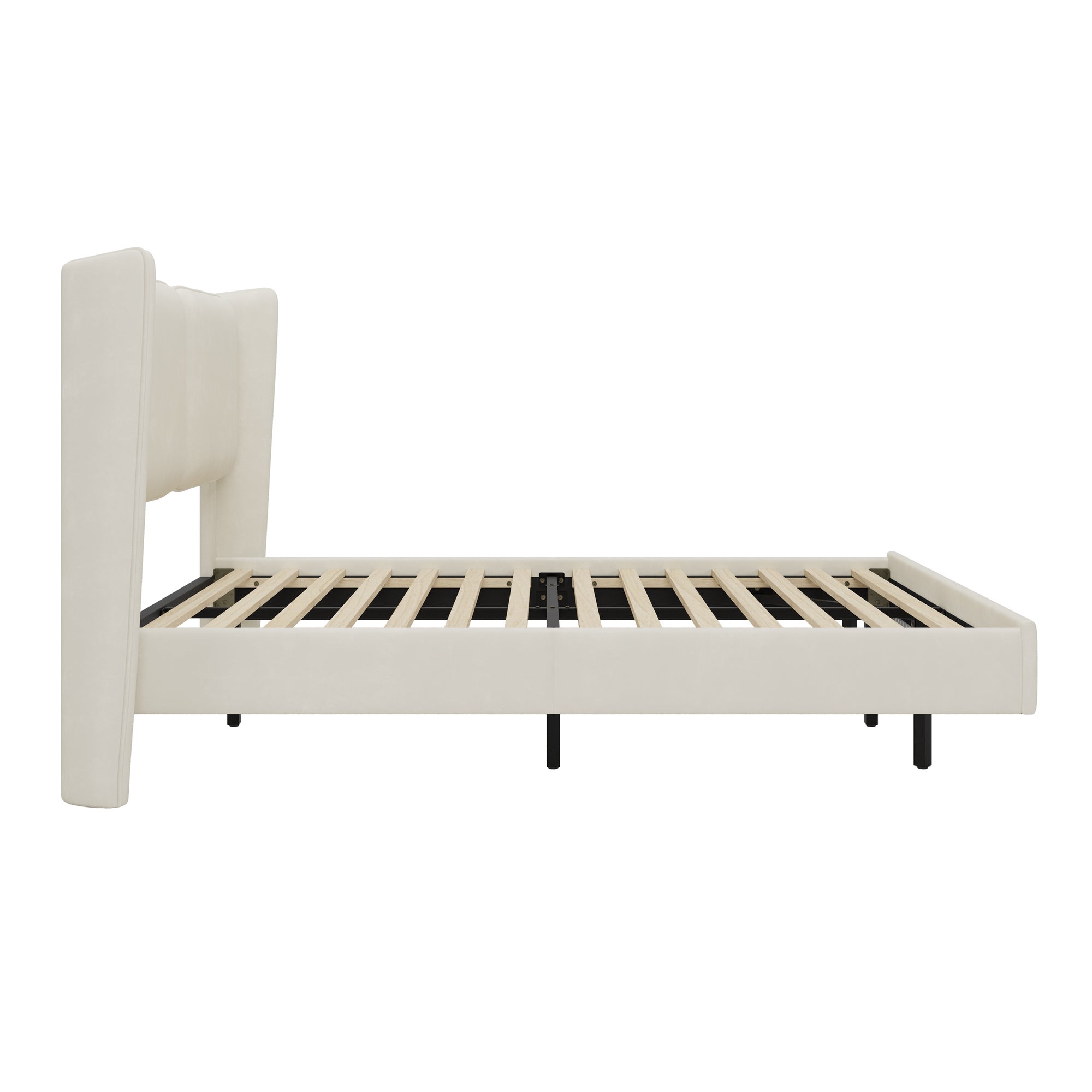 Queen Velvet Floating Platform Bed Frame with LED Lights in Beige