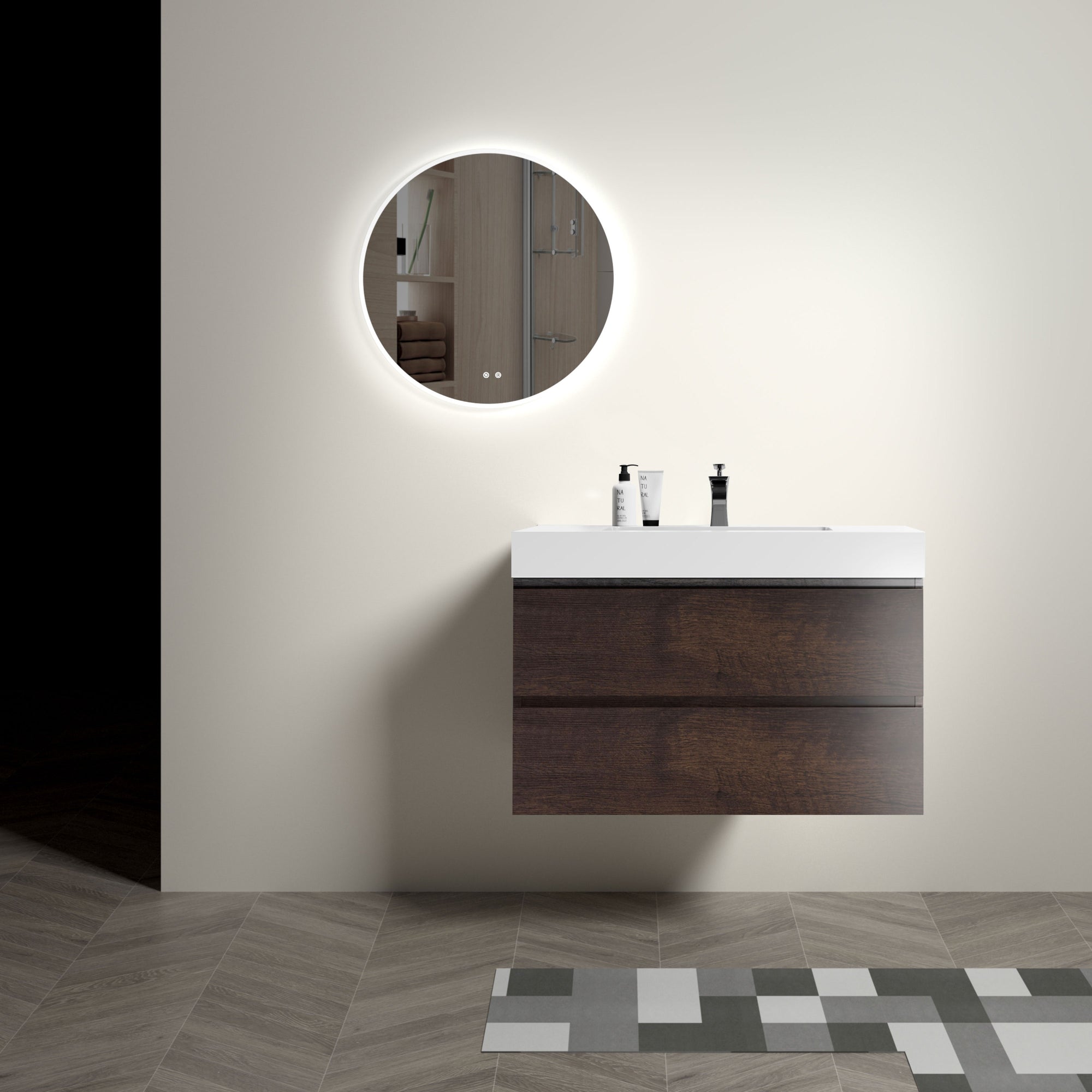 36 Inch Walnut Bathroom Vanity with Sink Large Storage Wall Mounted Design Pre-assembled In White and Walnut