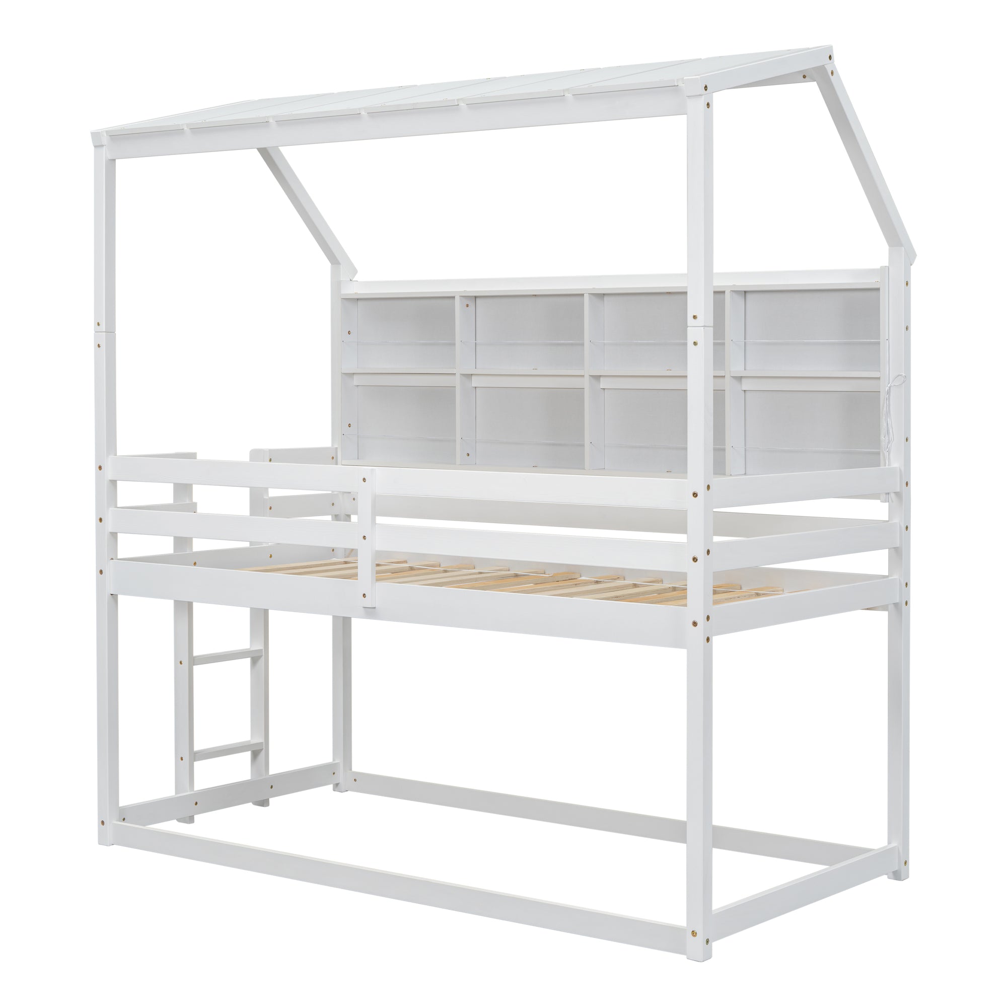 Twin House Loft Bed with Semi-Enclosed Roof and Built-in Bookshelves