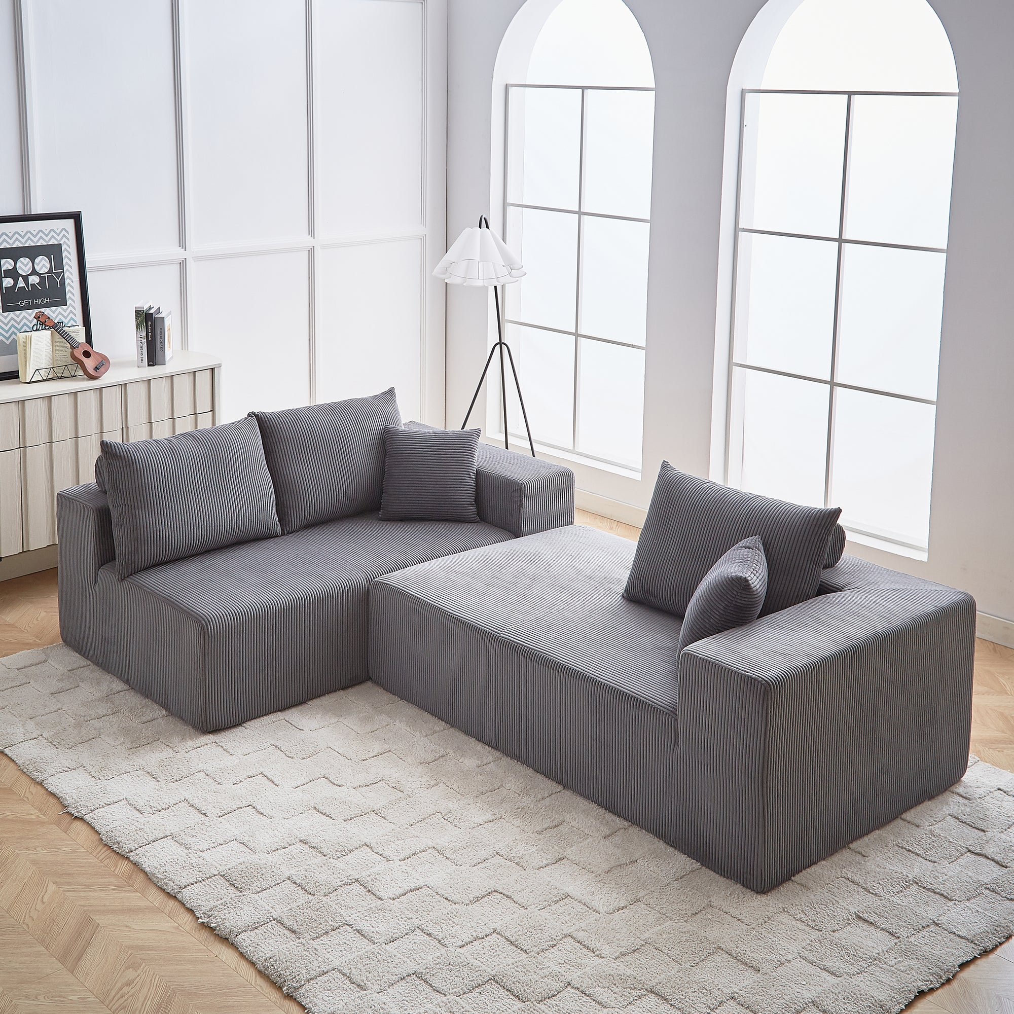 3-Seater Modular Corduroy Sofa In Gray Flexible Configuration