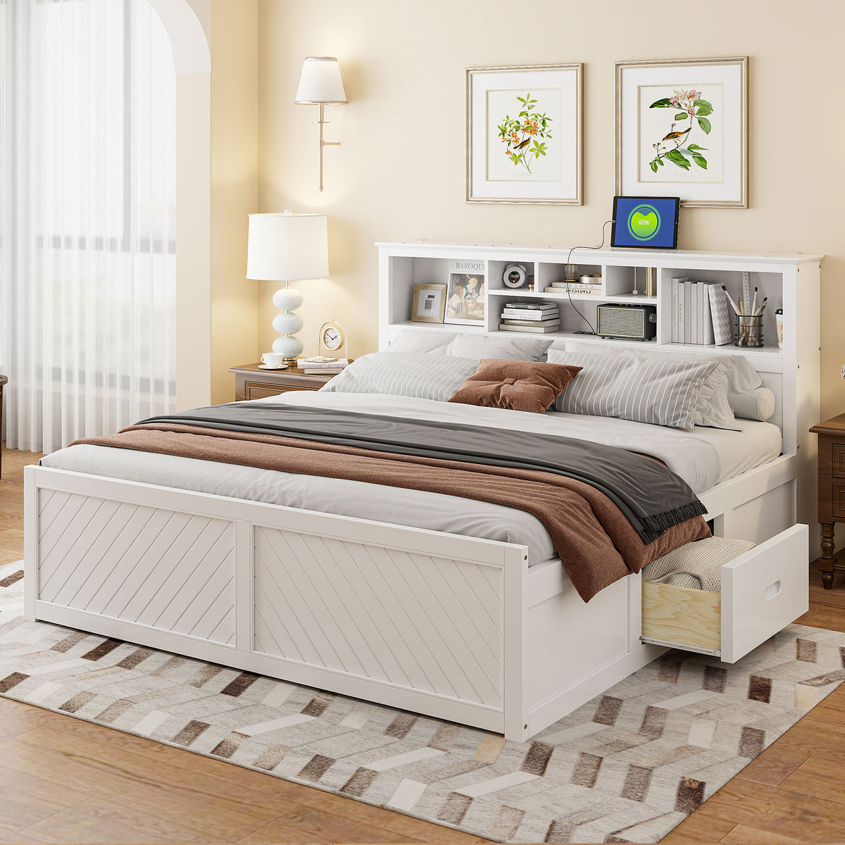 King Size Wood Platform Bed with Multi-storage Headboard and USB Ports In White