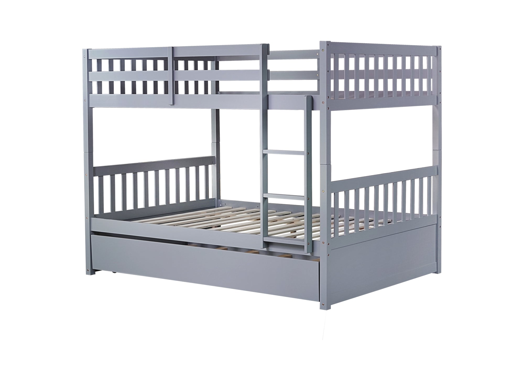 Gray Full Over Full Rubber Wood Bunk Bed with Trundle, Ladder, and Guardrails