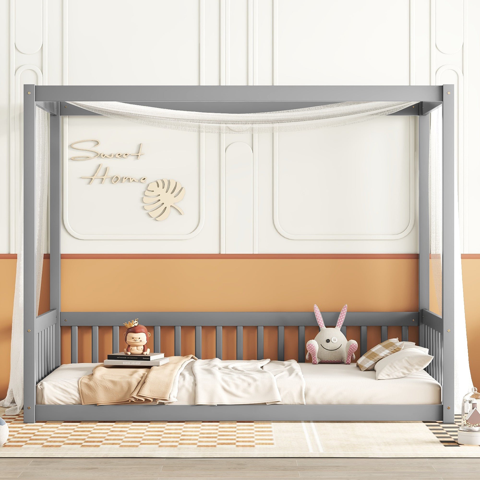 Gray Twin Size Canopy Frame Floor Bed with Fence and Guardrails