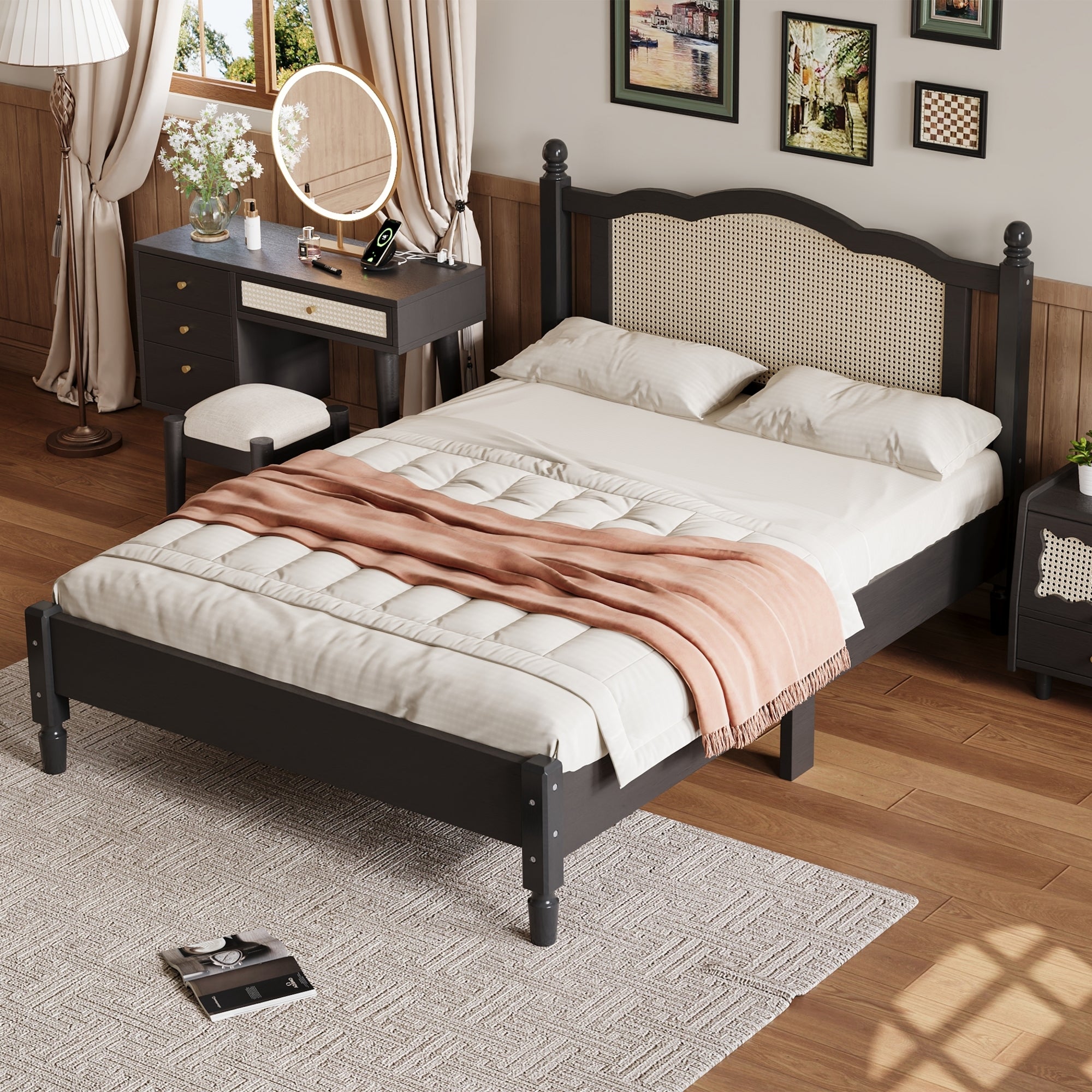 Full Size Wooden Platform Bed with Rattan Headboard and Wooden Slat Support In Black