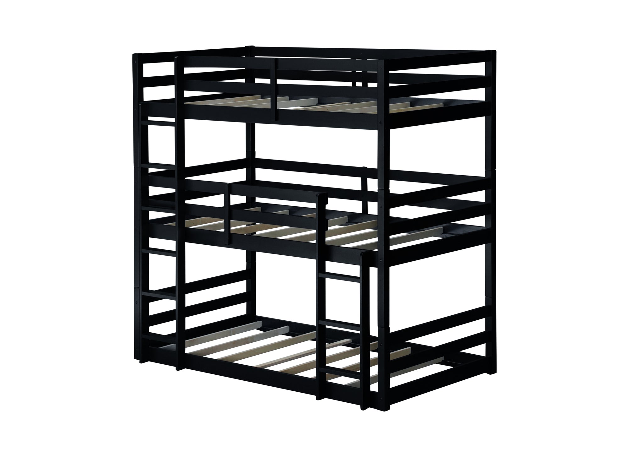 Black Triple Rubber Wood Bunk Bed with Built-In Ladders and Guardrails