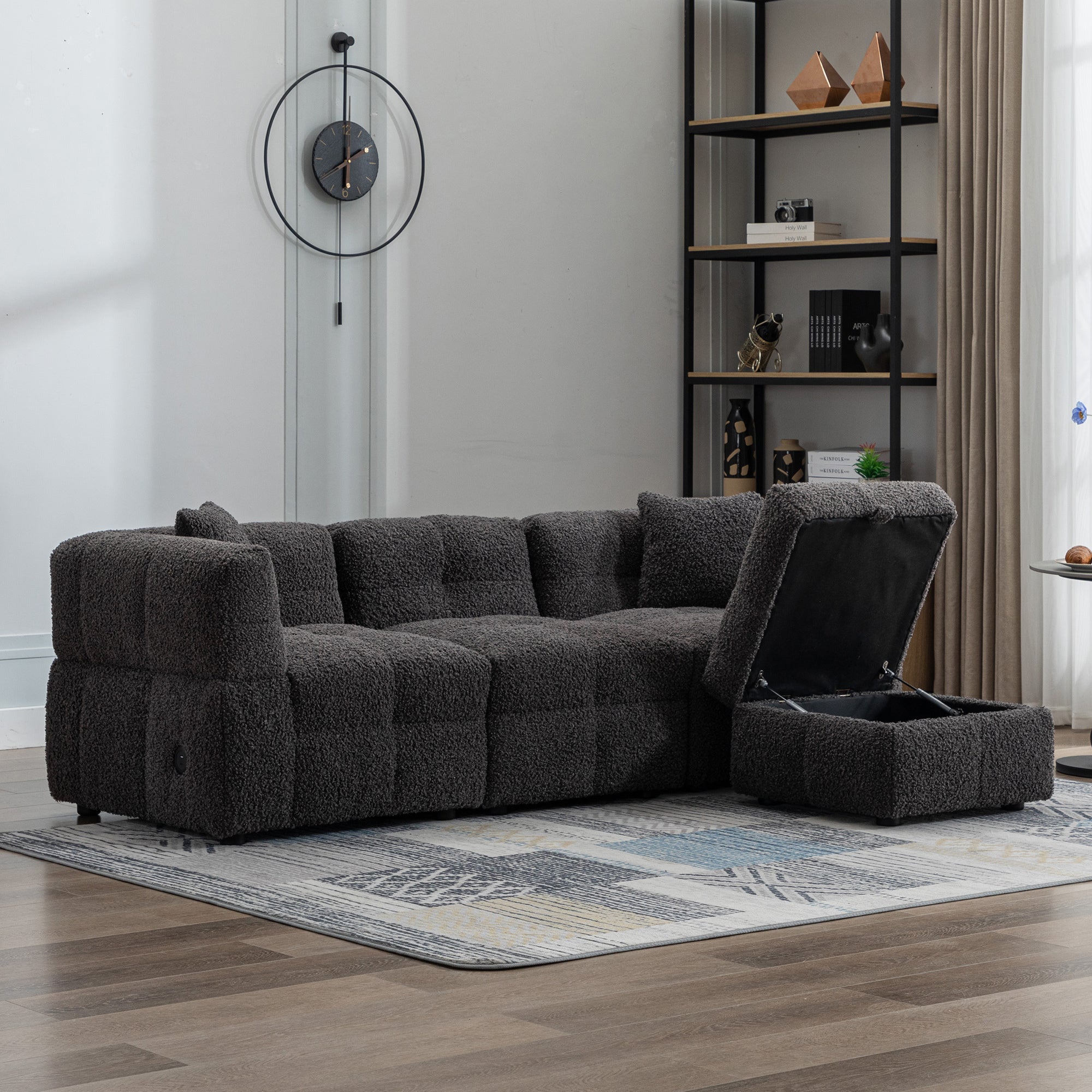 Gray Teddy Fleece Sectional Sofa with Multi-Functional Storage Ottoman