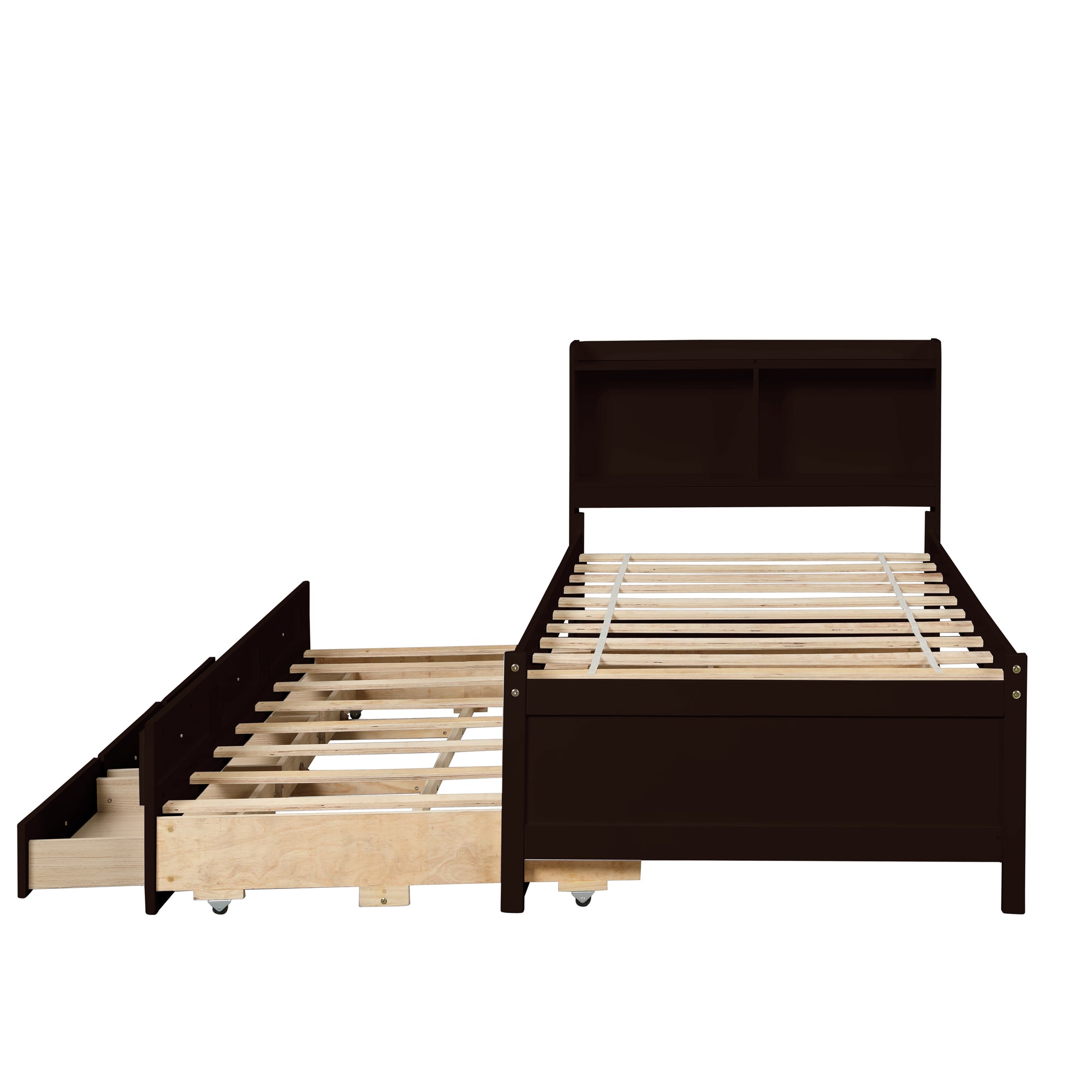 Twin Size Bed with Storage Integrated Headboard, Trundle & Drawers in Espresso