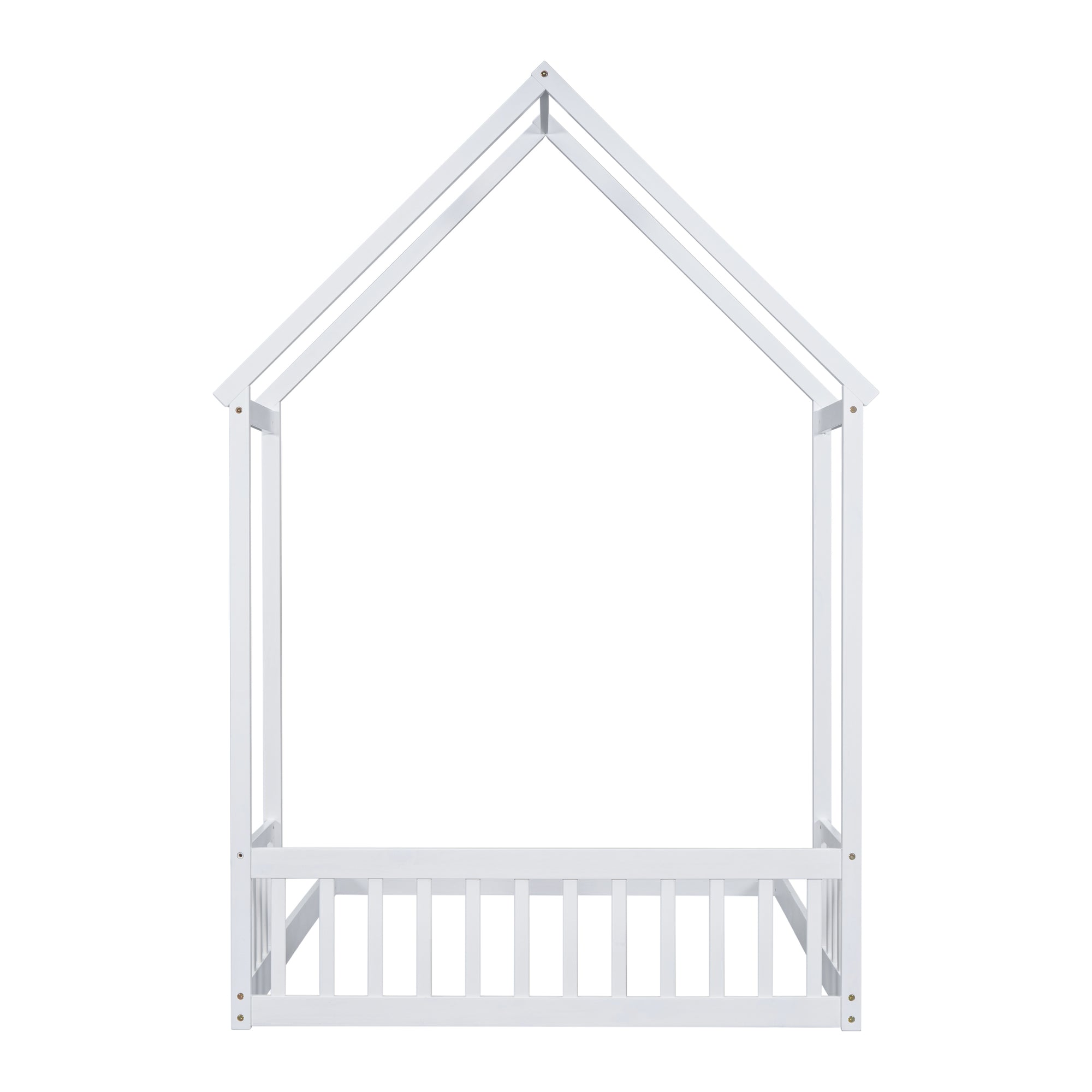 White Full Roof-Framed Headboard Toddler Floor Bed with Guardrails