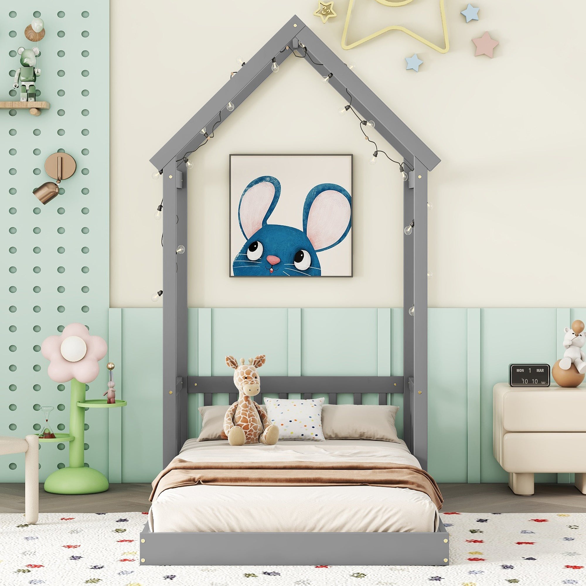 Gray Twin House-Shaped Roof Headboard Toddler Floor Bed