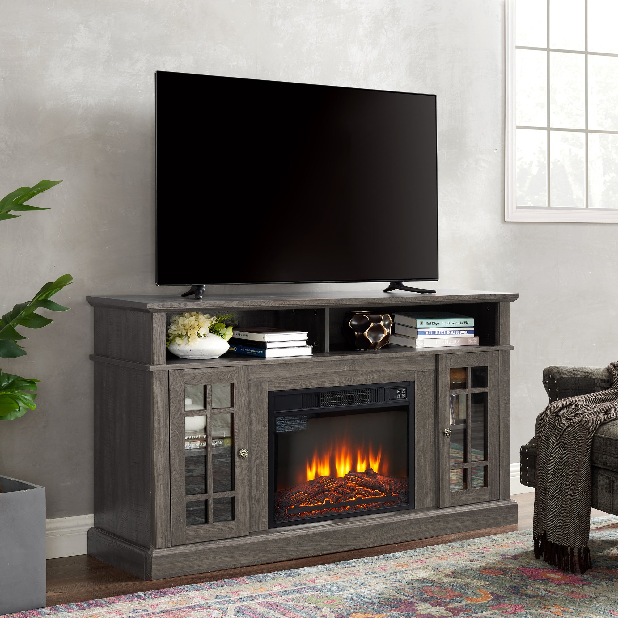 Classic TV Media Stand Modern Entertainment Console with Fireplace Insert for TV Up to 65 In Dark Walnut Black