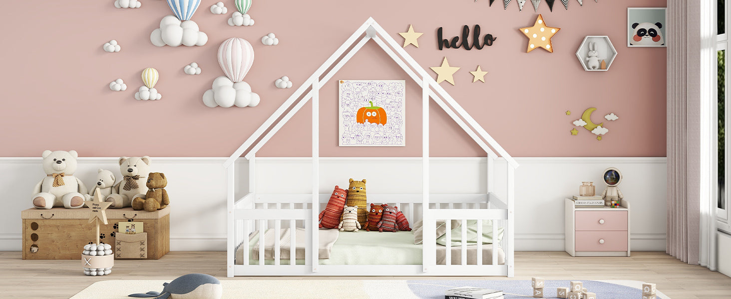 White Full Wood House-Shaped Toddler Floor Bed with Fence and Guardrails