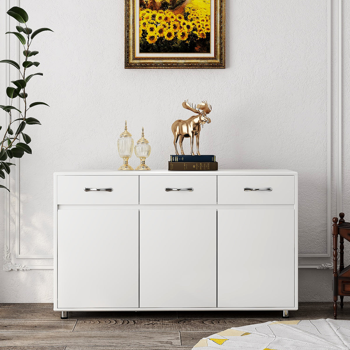 Three Doors Side Table with Large Storage Space In White