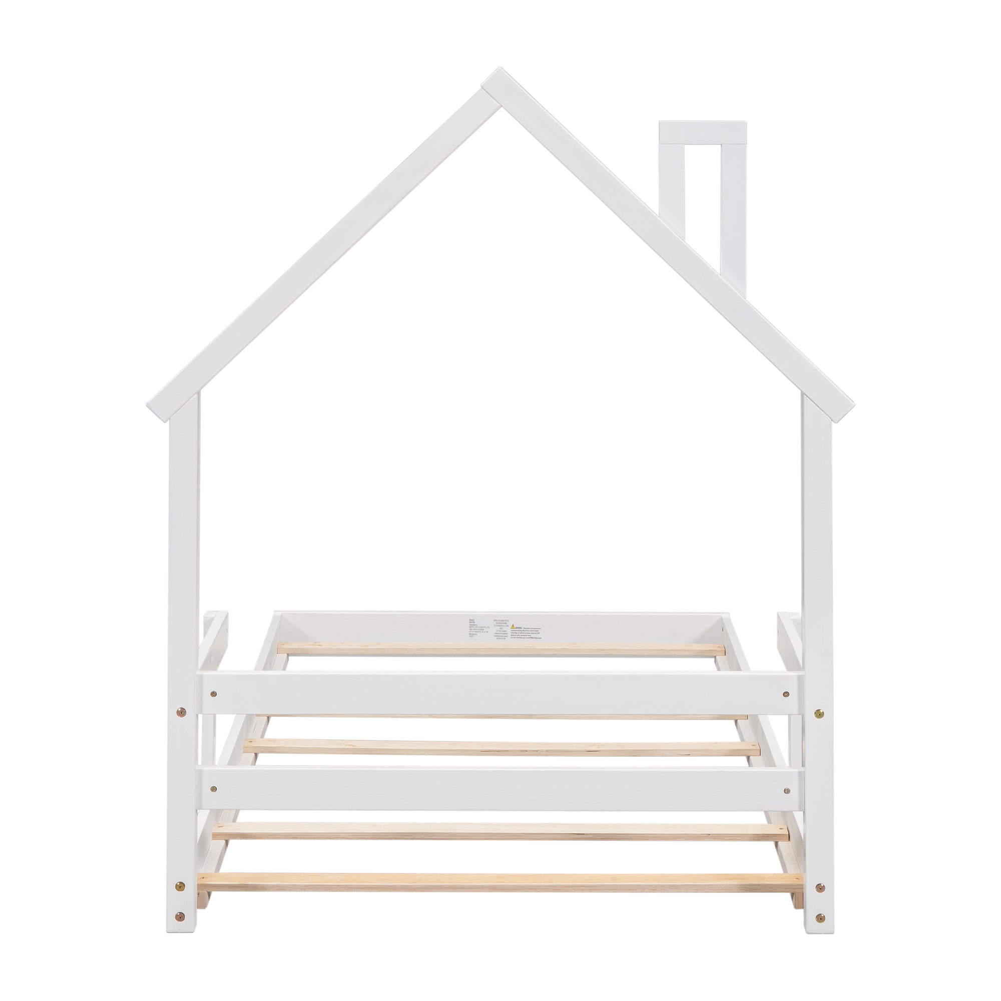 White Twin House-Shaped Headboard Toddler Floor Bed with Handrails