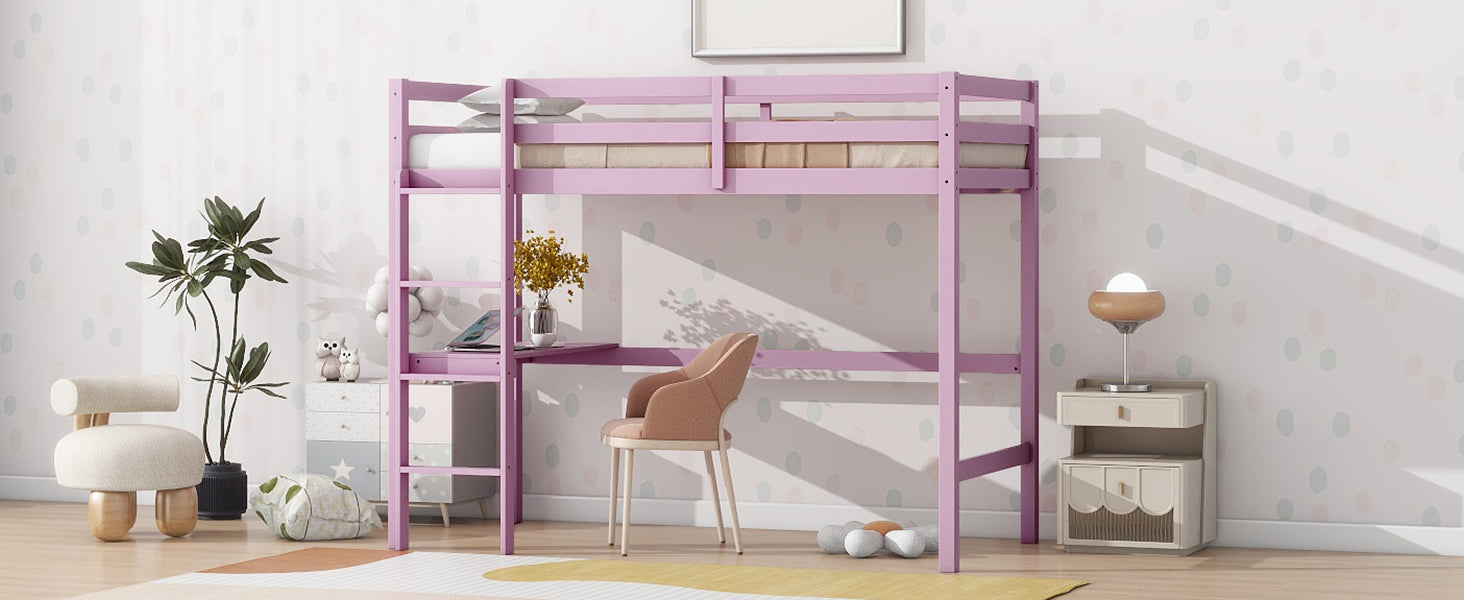 Pink Twin High Loft Bed with Built-in Desk, Rubber Wood Frame, and Safety Guardrail