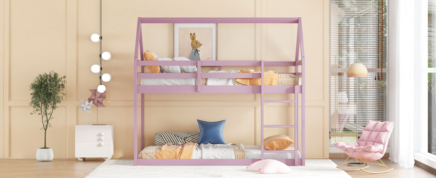 Twin Over Twin Pink House-Shaped Floor Bunk Bed with Ladder and Guardrails