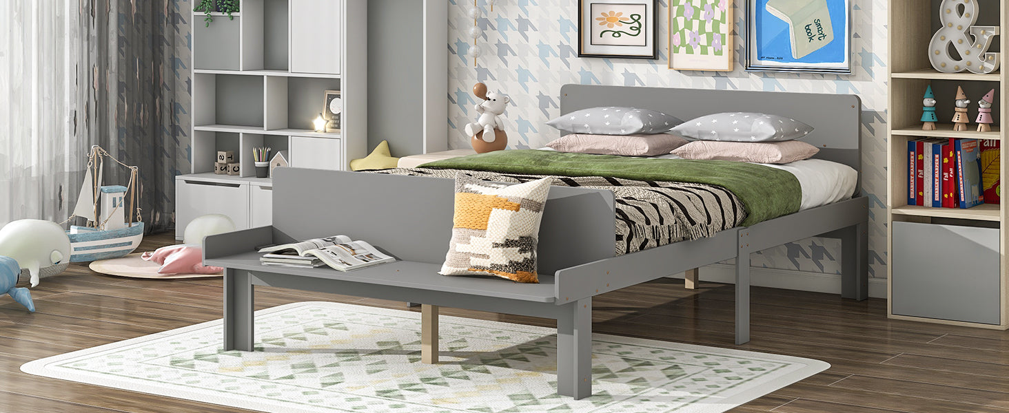 Full Bed with Built-In Footboard Bench in Gray