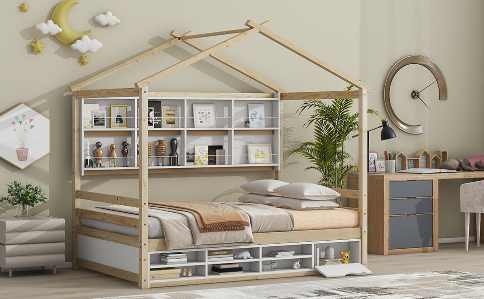 Full Size Bed with Roof, Bedside Shelves, and Under Bed Storage