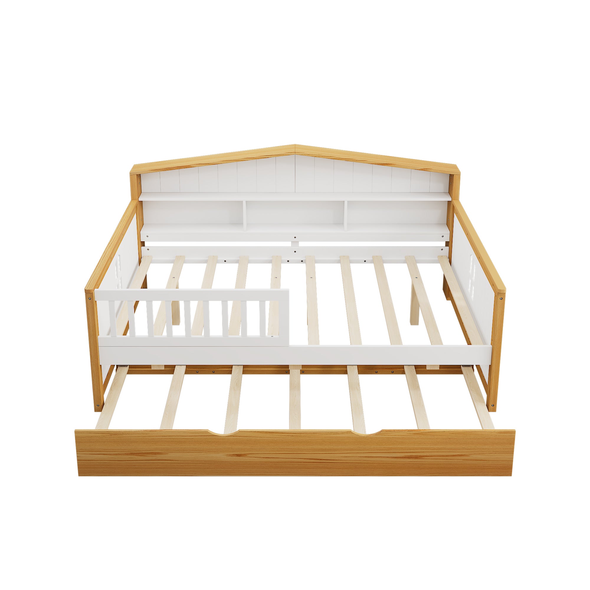 Full Size Safety Bed Frame with Trundle and Integrated Bookcase Headboard