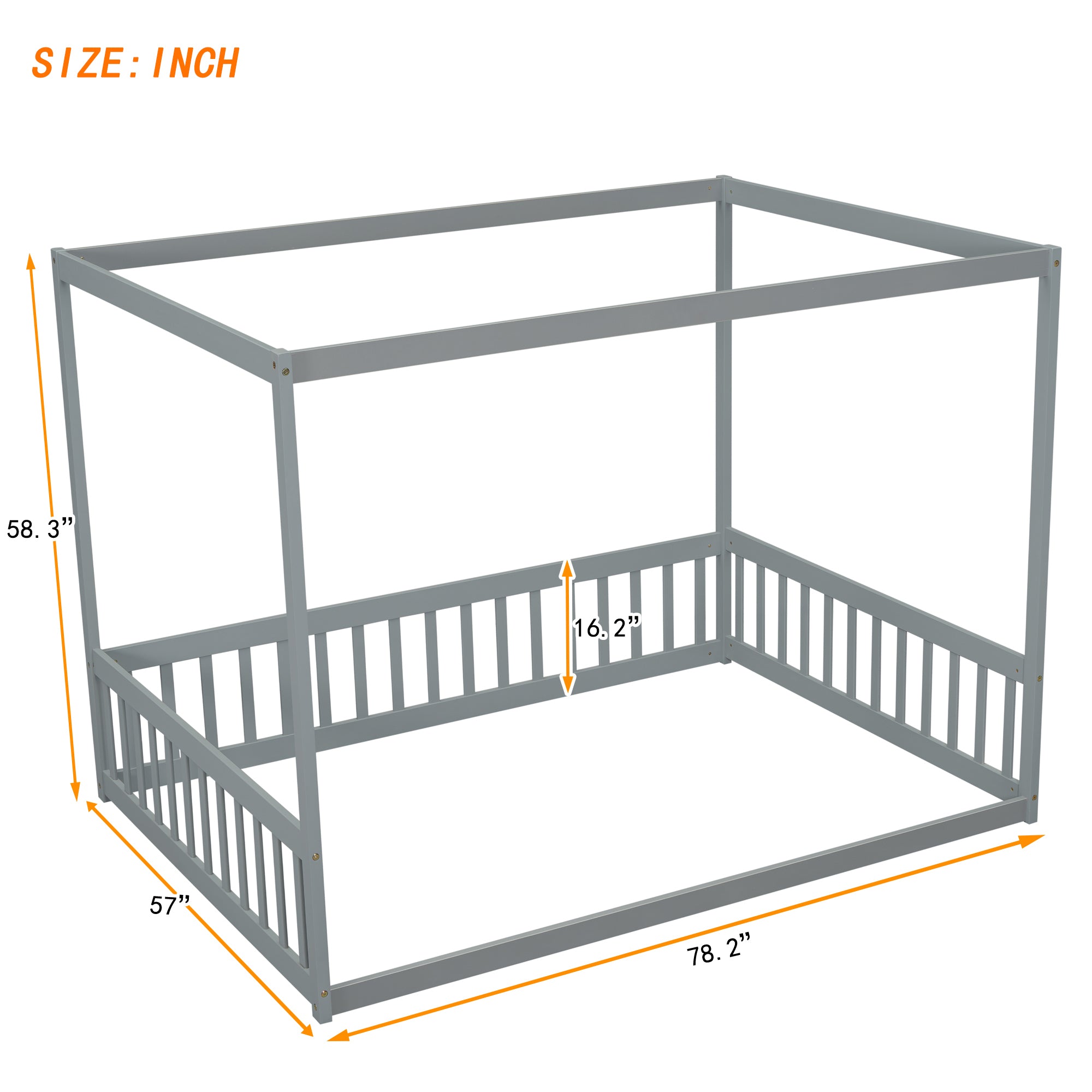 Full Size Canopy Frame Floor Bed with Fence and Guardrails in Gray