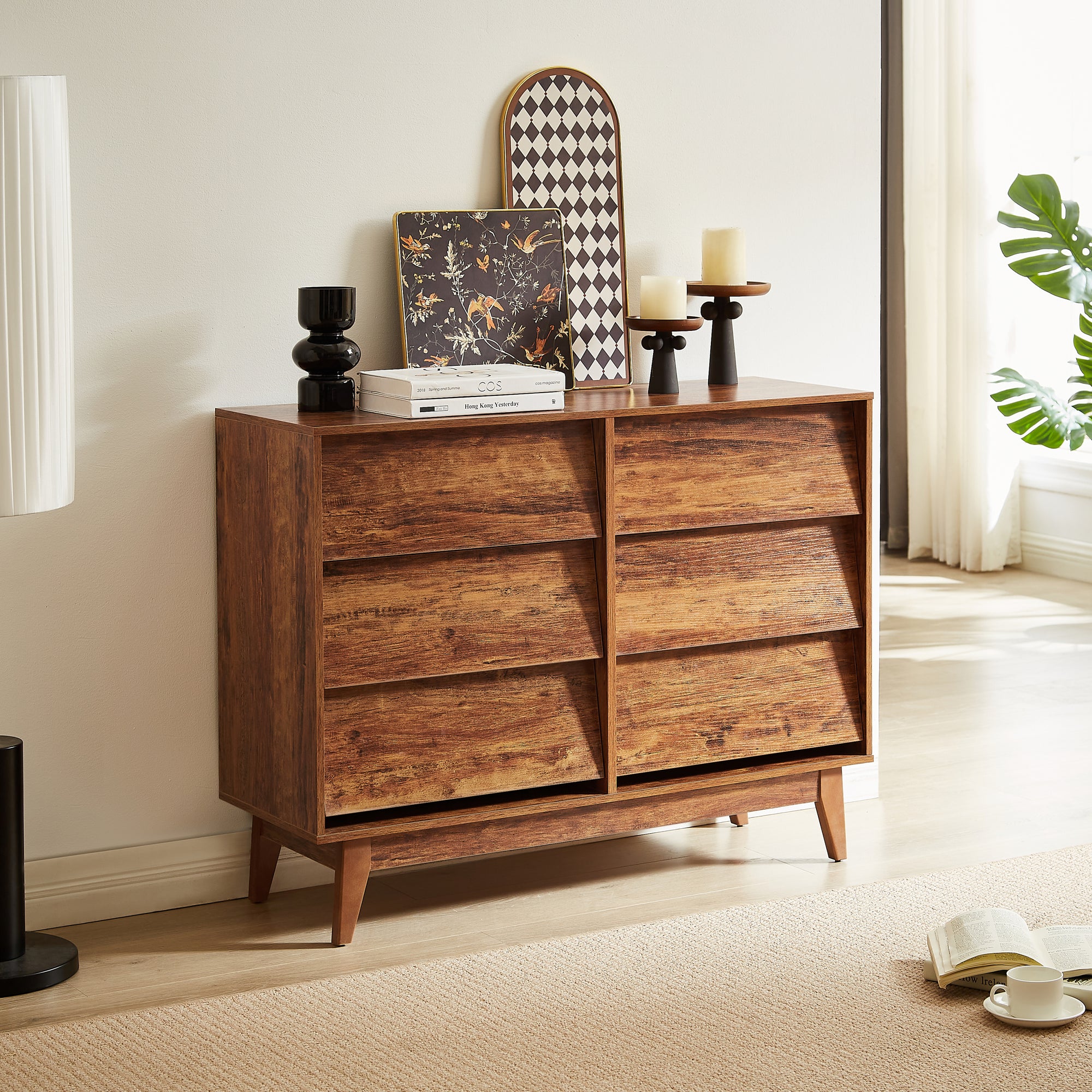 6 Drawer Double Dresser Features Vintage-Style and Bevel Design In Brown