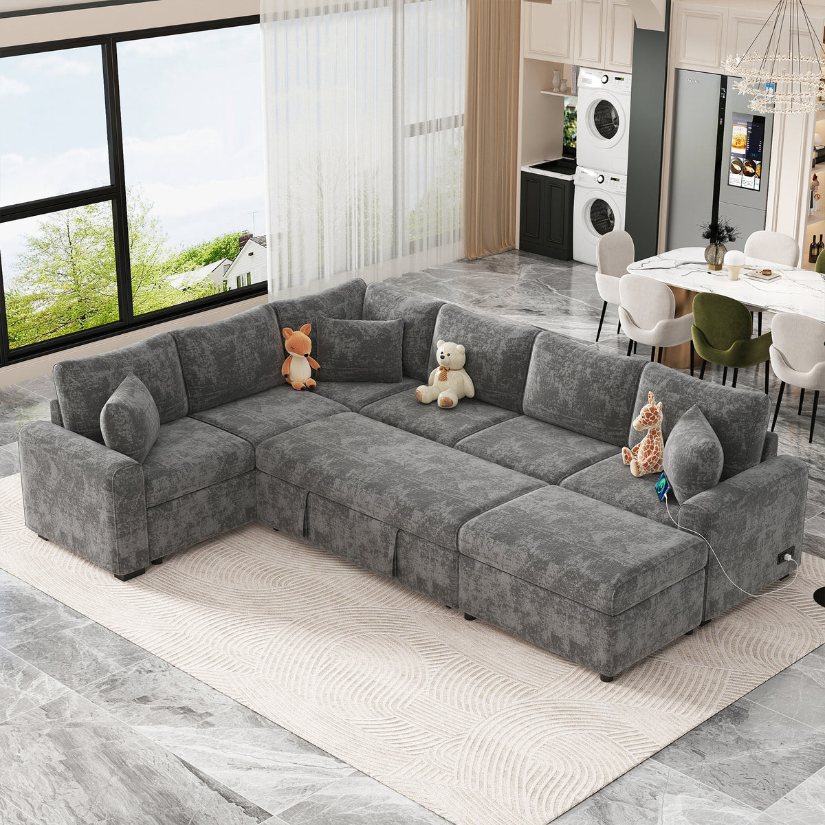 112.2&#39; Sectional Sofa Bed with Storage Ottoman and USB Ports In Grey