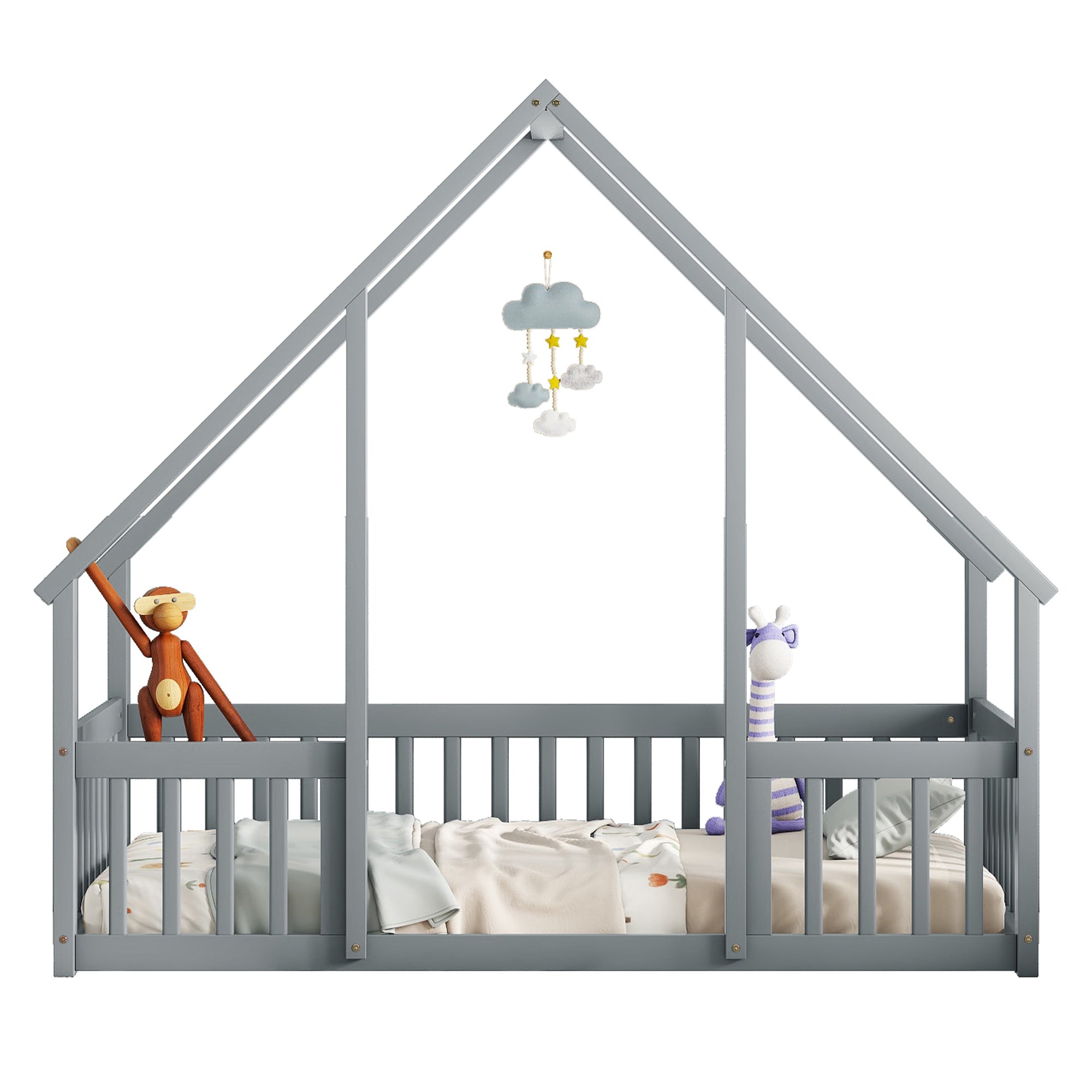 Twin Wood House-Shaped Toddler Floor Bed with Fence & Guardrails in Gray