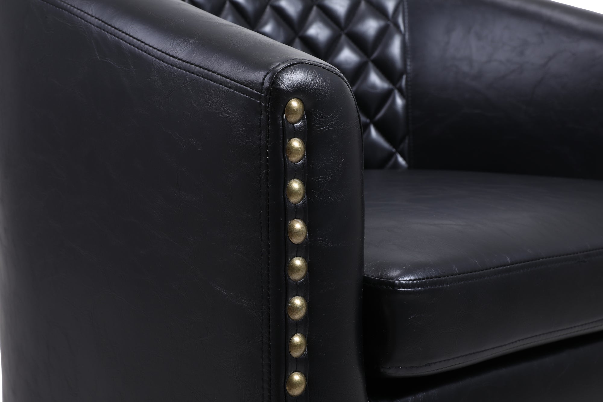 Black Leather Barrel Accent Chair With Nailheads & Solid Wood Legs