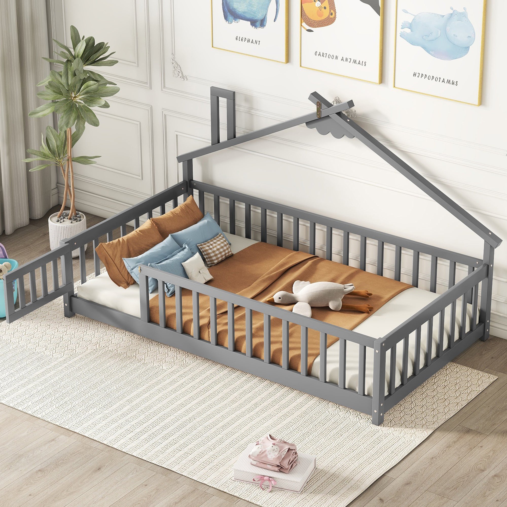 Twin House-Shaped Bedside Toddler Floor Bed with Guardrails and Door in Gray