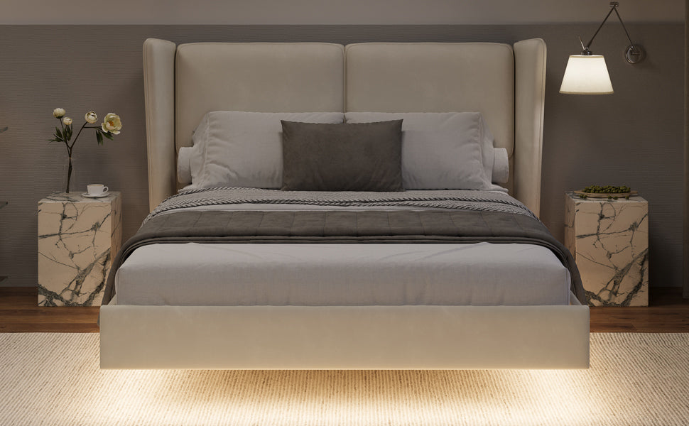 Modern Full-Size Floating Velvet Platform Bed With LED Lighting & Winged Back