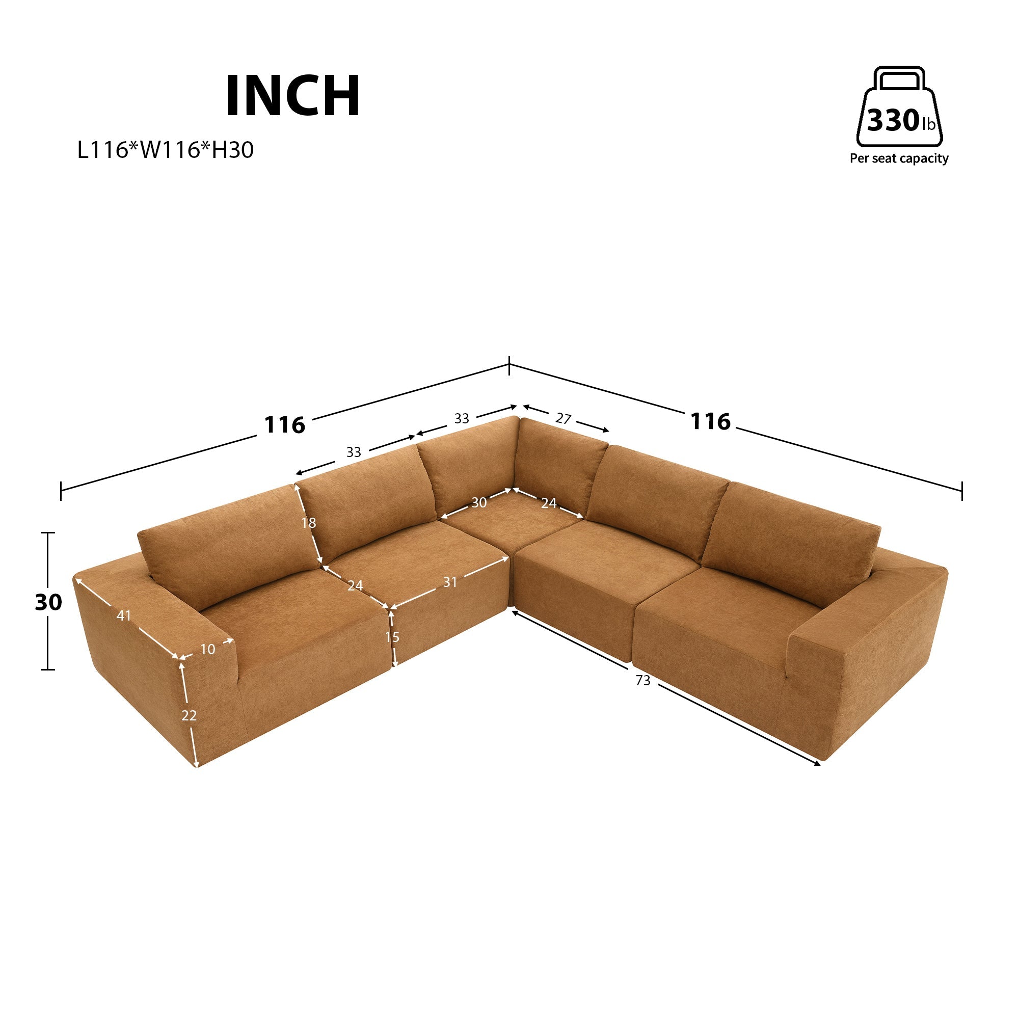 Kyoto Modular Sectional Sofa with Terrycloth Fabric in Burnt Orange Brown