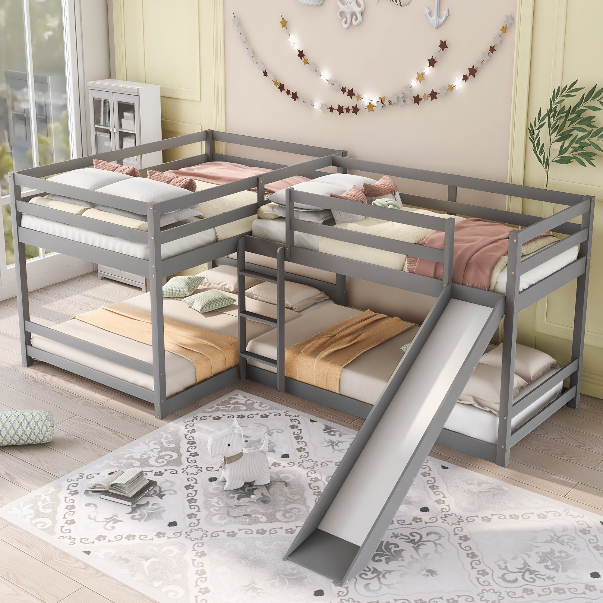 Full and Twin Size L-Shaped Bunk Bed with Slide and Short Ladder In Gray