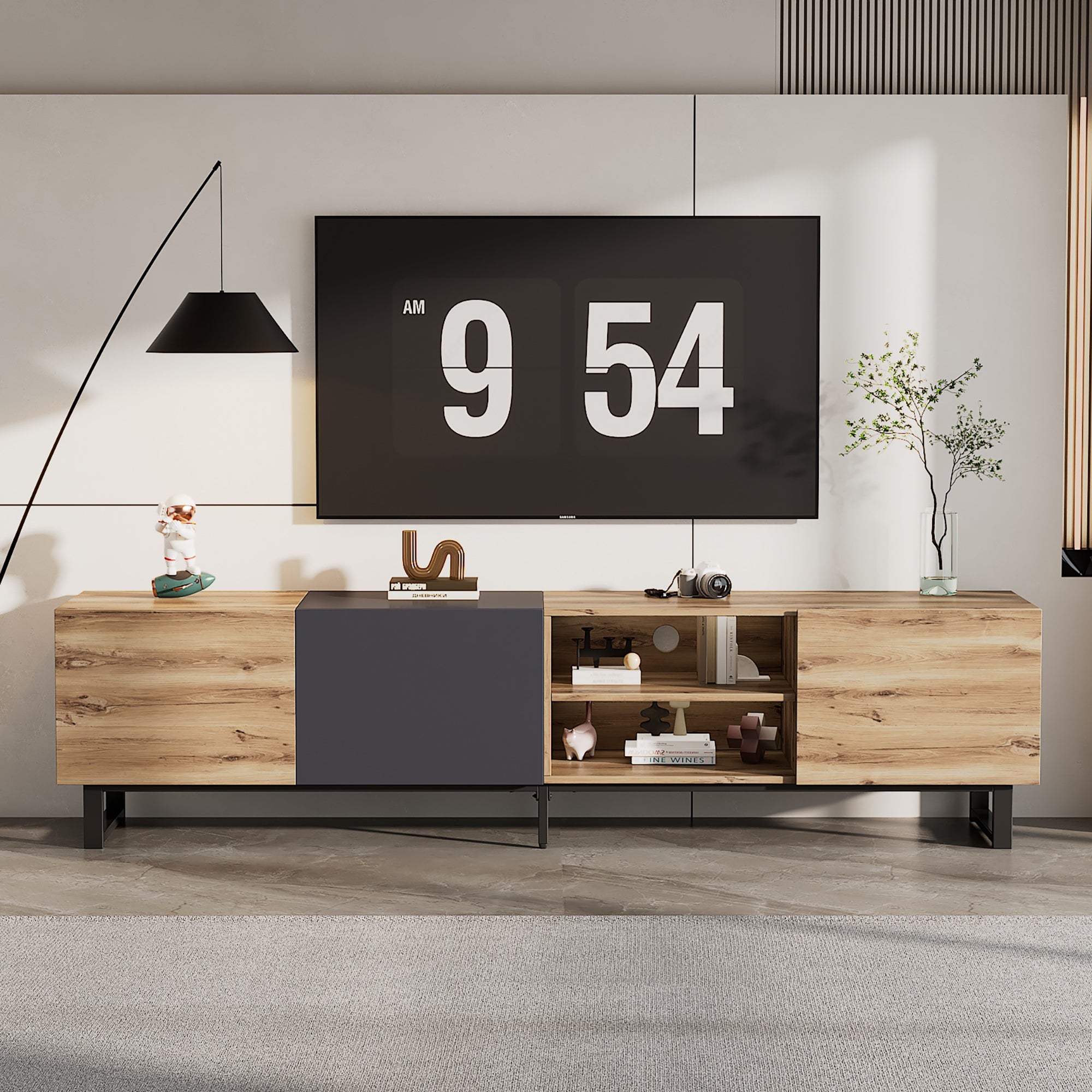 Modern TV with 3 Cabinets and Open Shelves for TVs Up to 80 Inch Color-Matching Media Console Table with Drop Down Door In Wood and Dark Grey