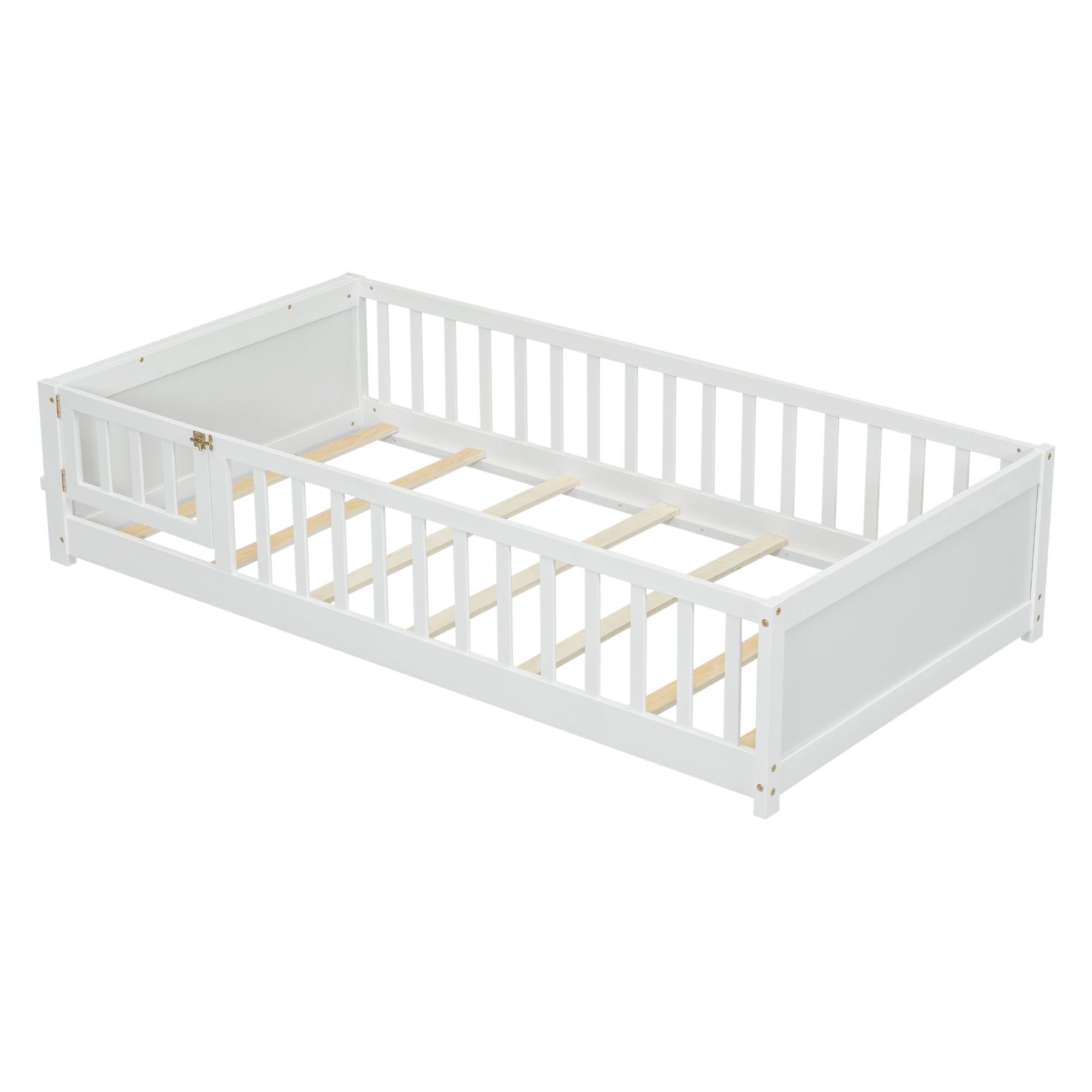 White Twin Toddler Floor Platform Bed with Built-in Book Storage Rack and Door