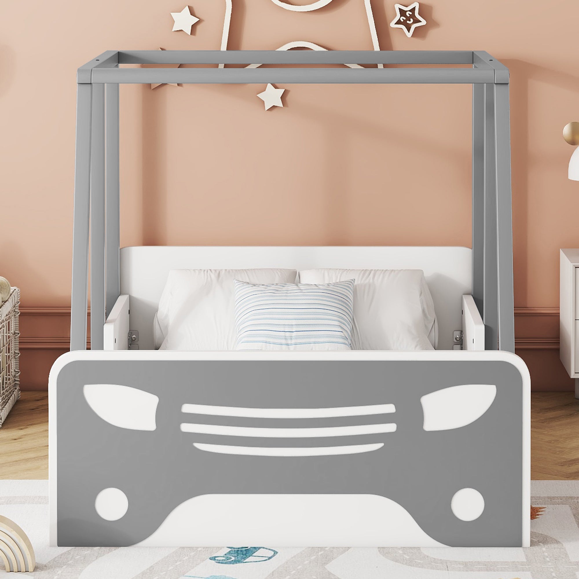 Gray Twin Size Car-Shaped Bed with Roof and Wooden Wheels