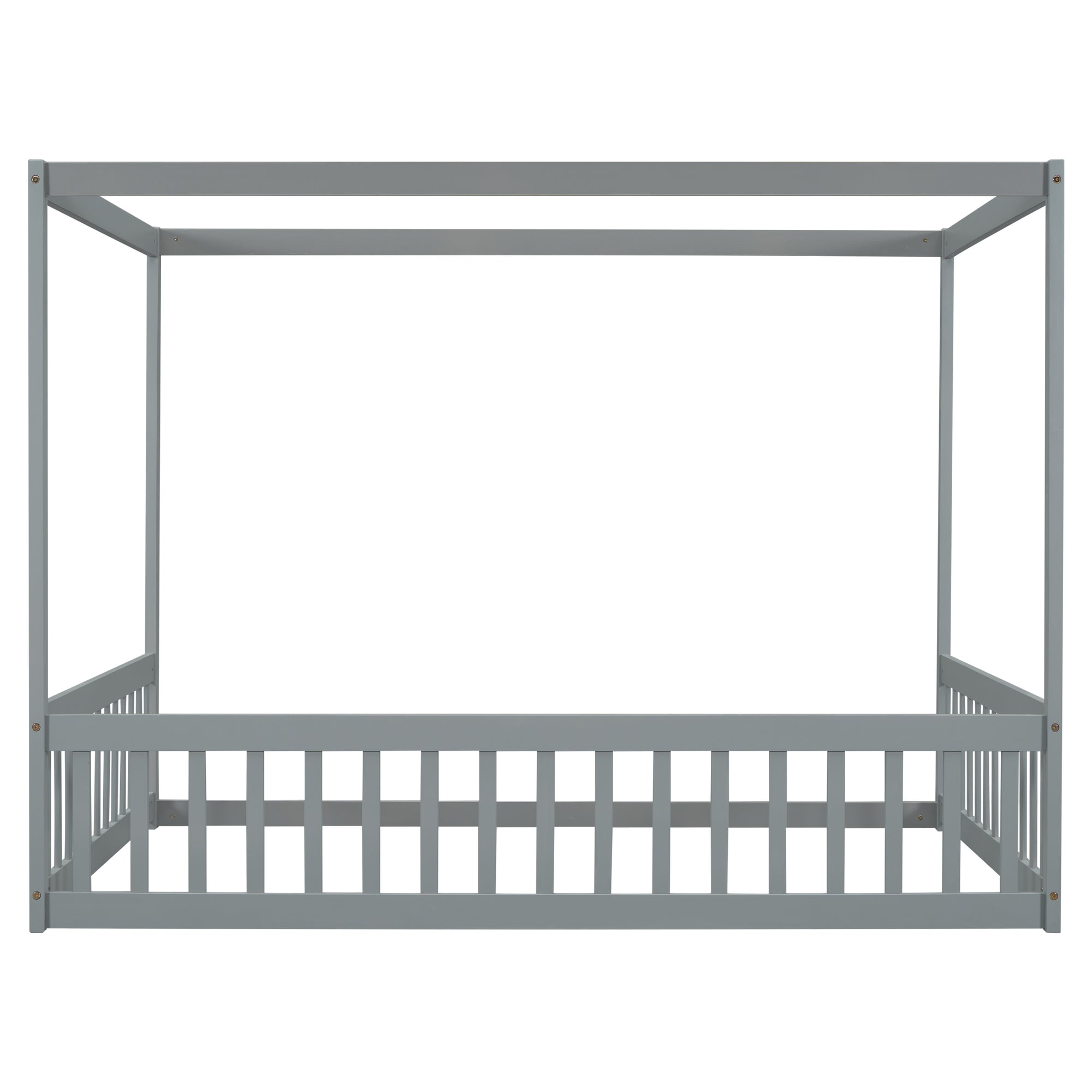 Full Size Canopy Frame Floor Bed with Fence and Guardrails in Gray