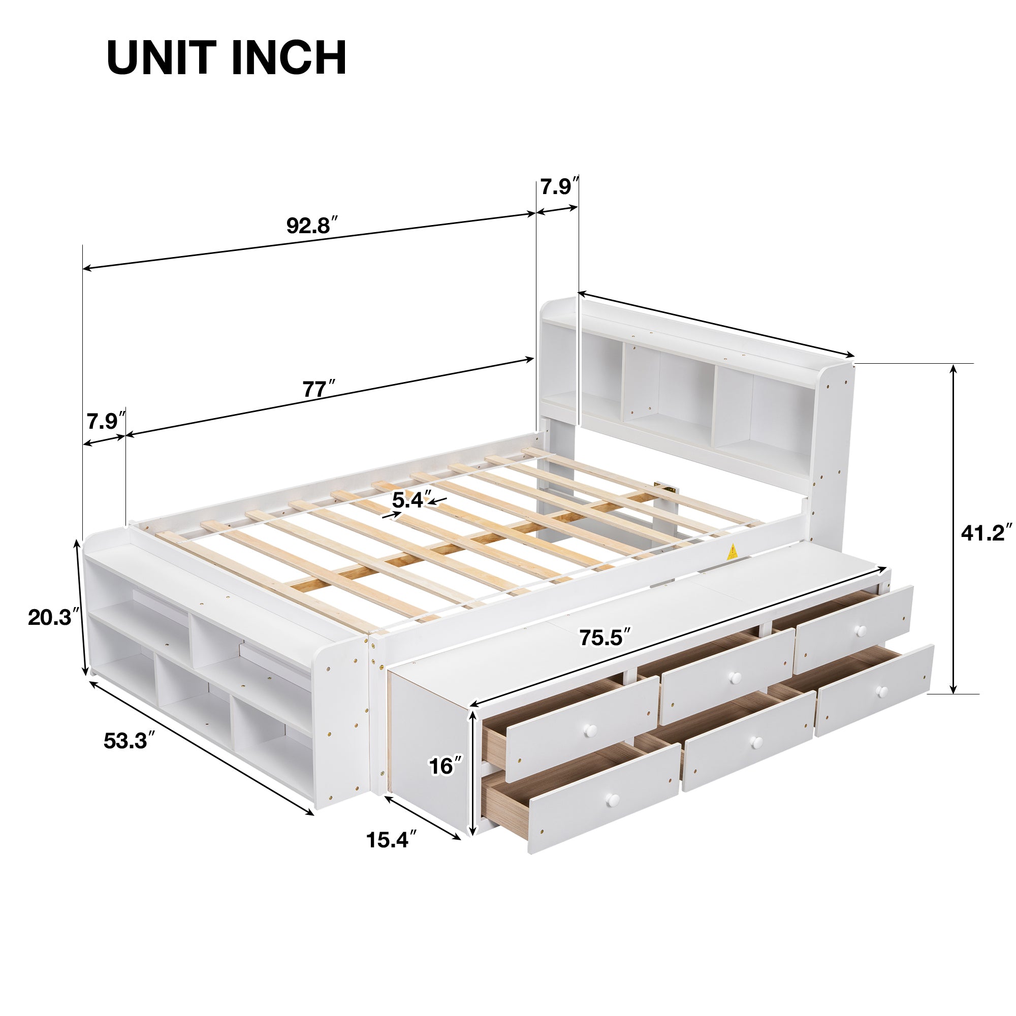 White Full Bed with Bookcase Headboard, Under-Bed Storage Drawers, and Bed-End Storage Case