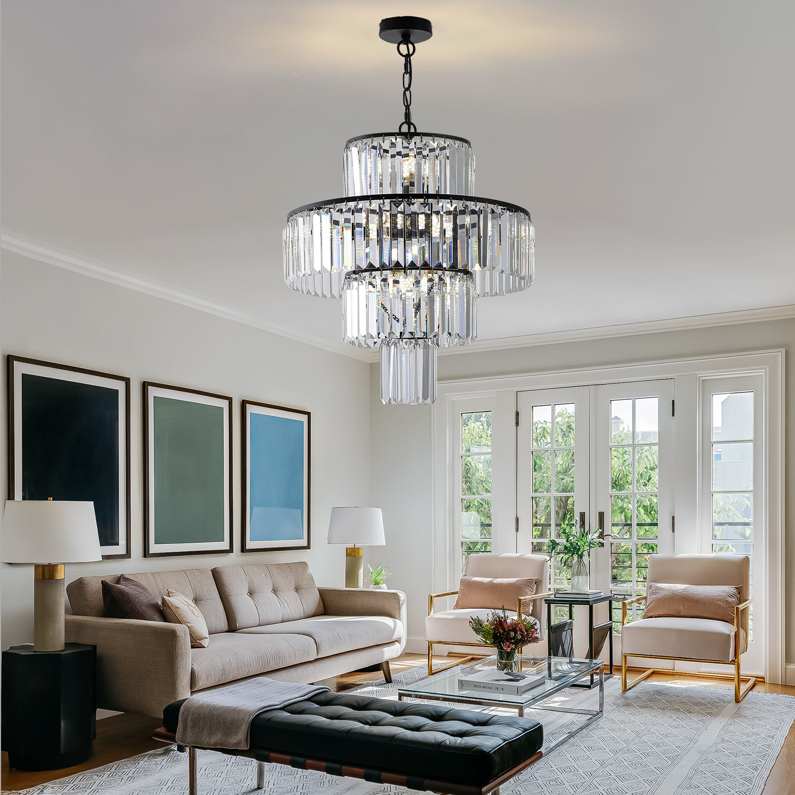 Sleek Metal Black Finish Crystal Chandelier