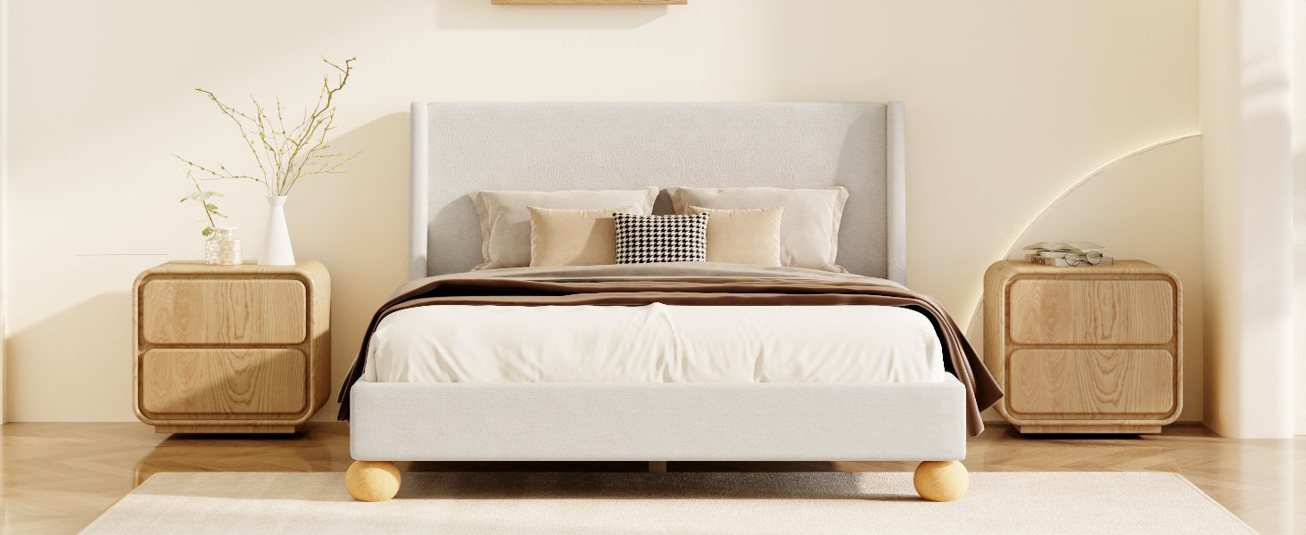 King Beige Upholstered Bed Frame With Wingback Headboard