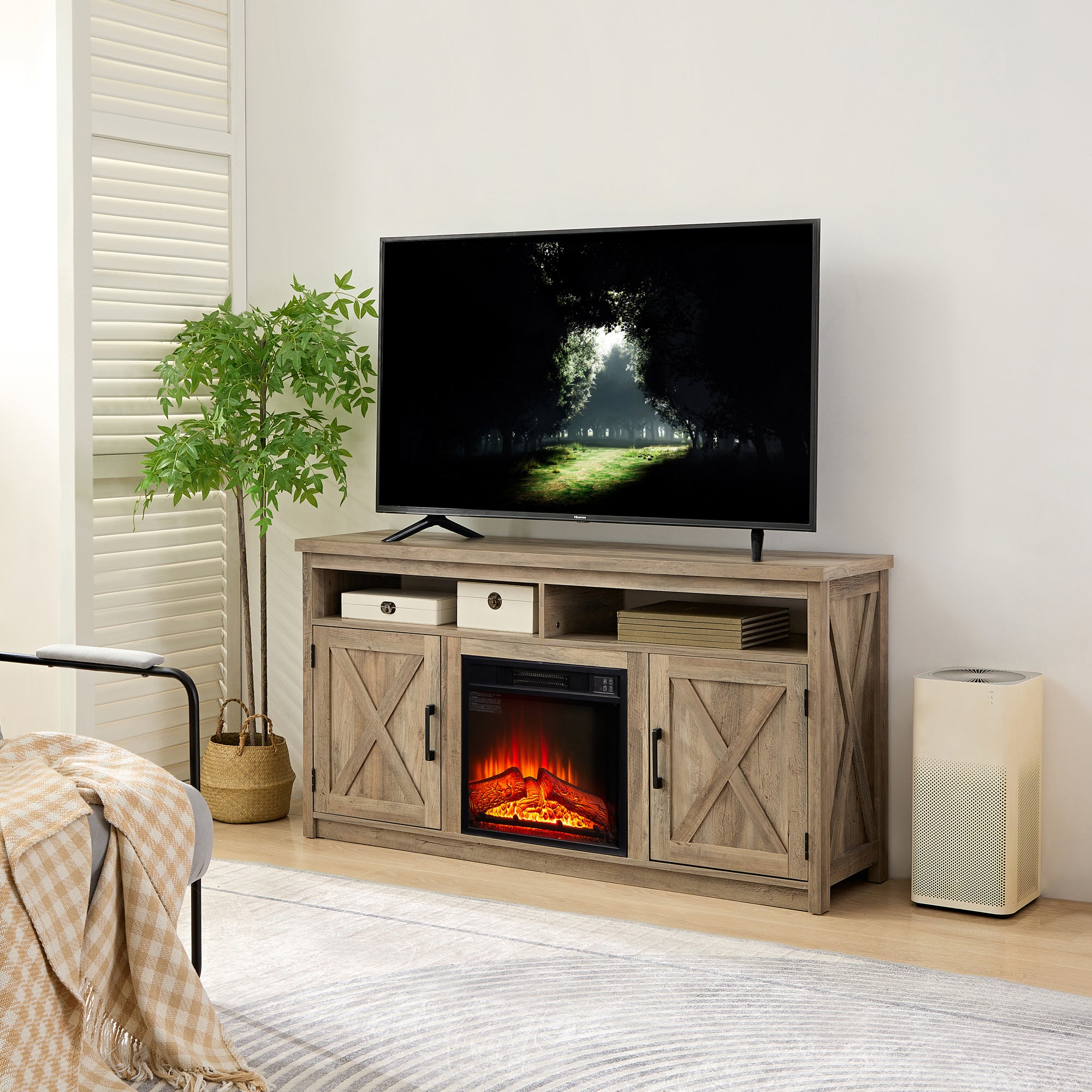 Farmhouse TV Media Stand With Fireplace Insert For TVs Up To 65 Inches In Gray Wash